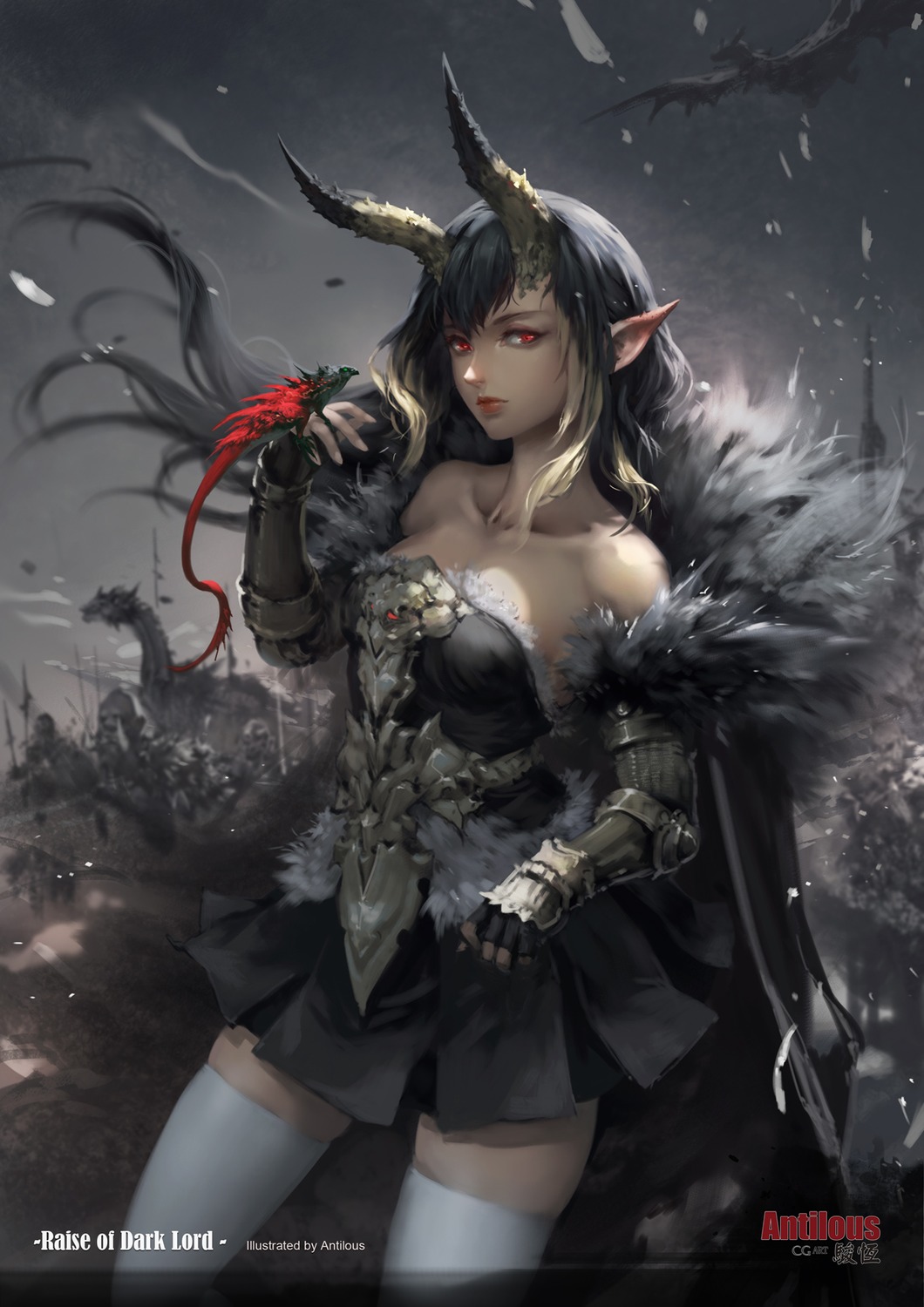 antilous armor horns monster no_bra pointy_ears thighhighs
