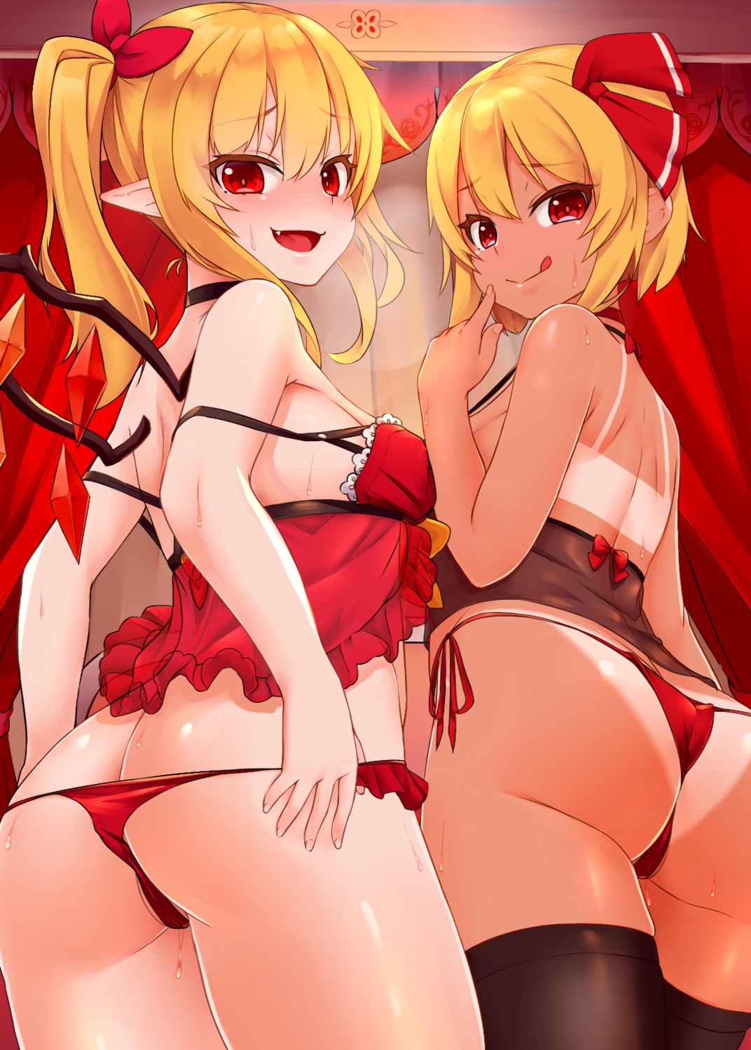 ass cameltoe flandre_scarlet lingerie pantsu panty_pull pointy_ears rumia shiron string_panties tan_lines thighhighs thong touhou undressing wings