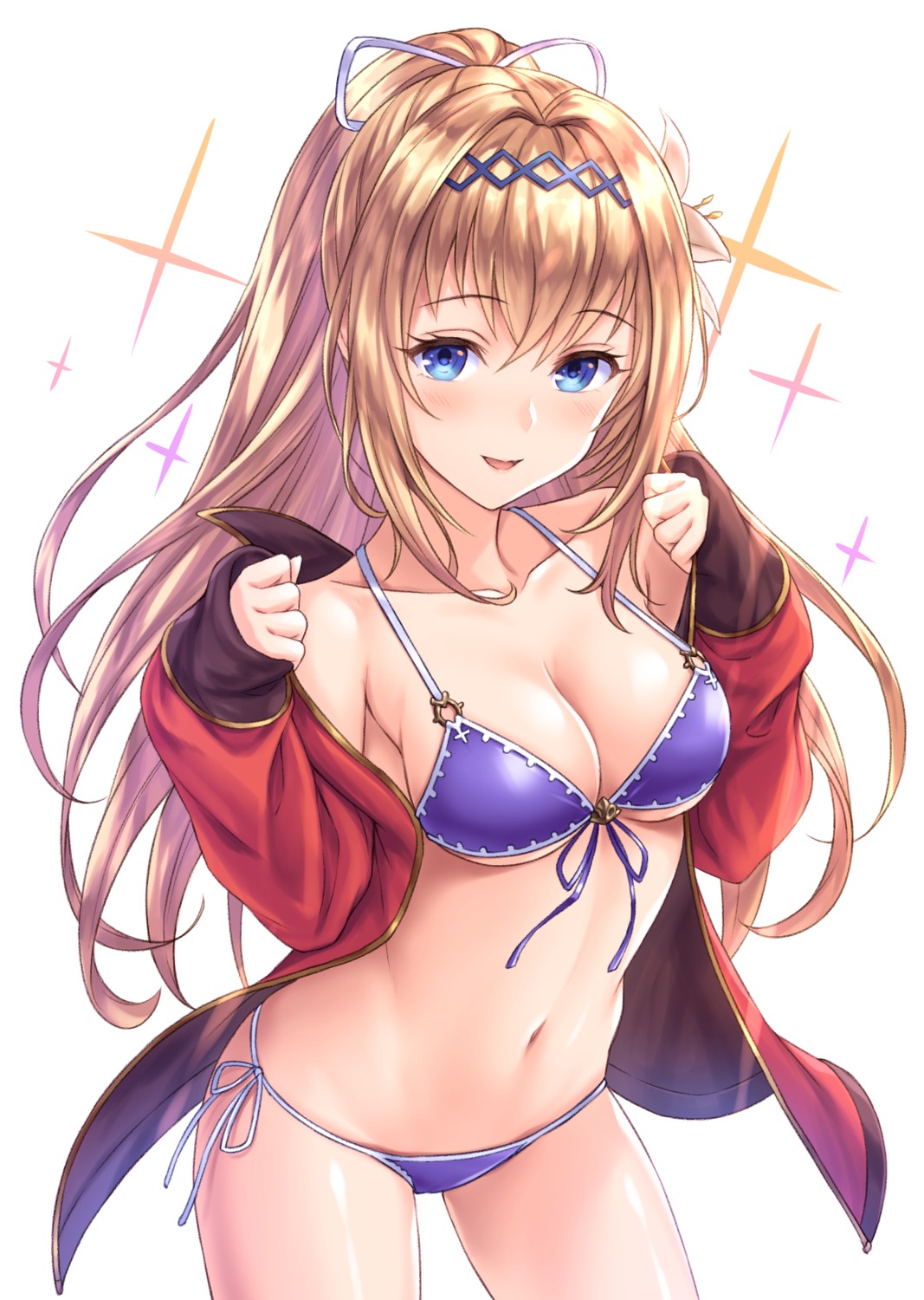 bikini cleavage granblue_fantasy jeanne_d'arc jeanne_d'arc_(granblue_fantasy) open_shirt swimsuits tomo_(tmtm_mf_mf) undressing