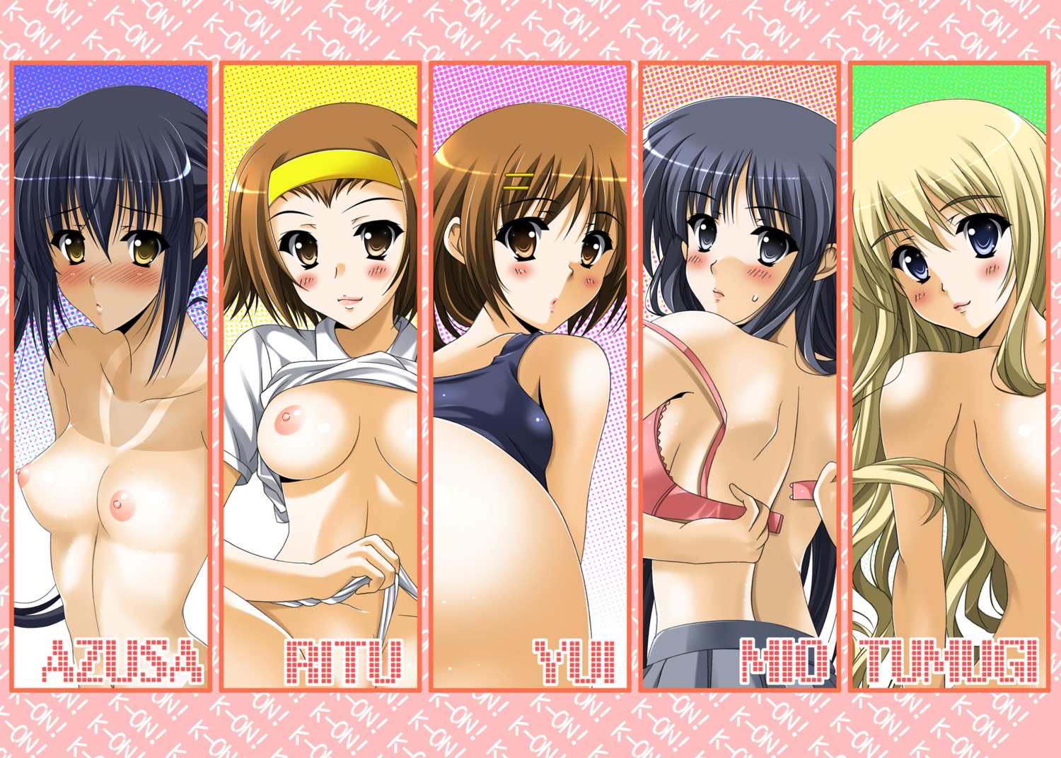 akiyama_mio bra breasts hirasawa_yui k-on! kotobuki_tsumugi nakano_azusa nipples no_bra oda_kenichi school_swimsuit shirt_lift swimsuits tainaka_ritsu tan_lines undressing