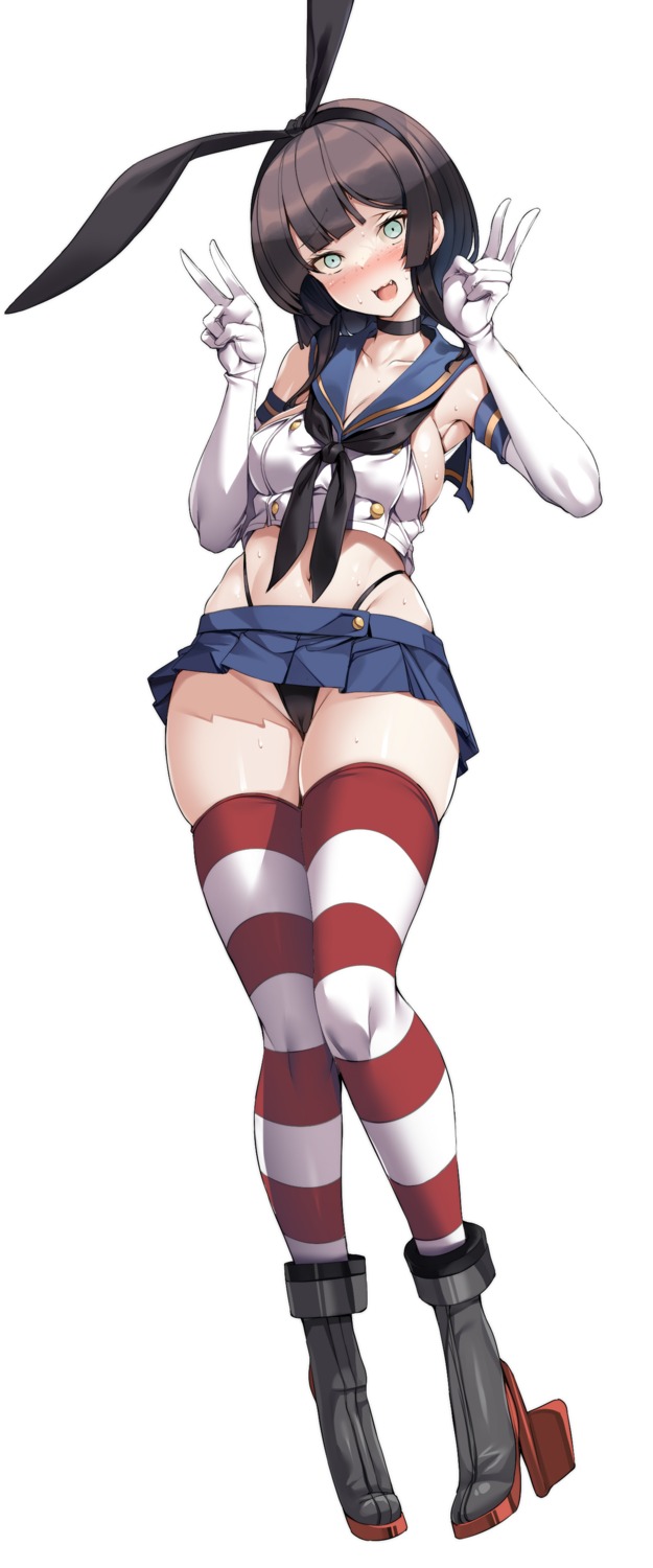 animal_ears bunny_ears cameltoe cosplay heels kantai_collection mogador_(kancolle) no_bra pantsu shimakaze_(kancolle) skirt_lift thighhighs thong torisan wet