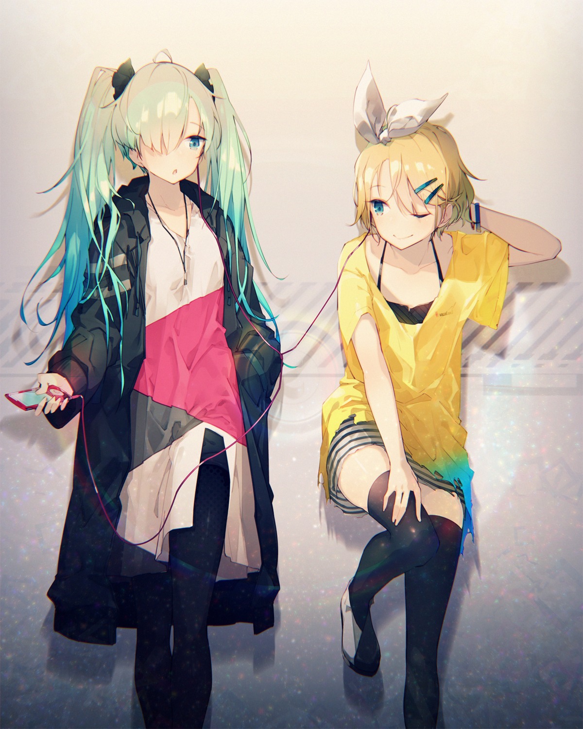 hatsune_miku kagamine_rin mizuya pantyhose thighhighs vocaloid