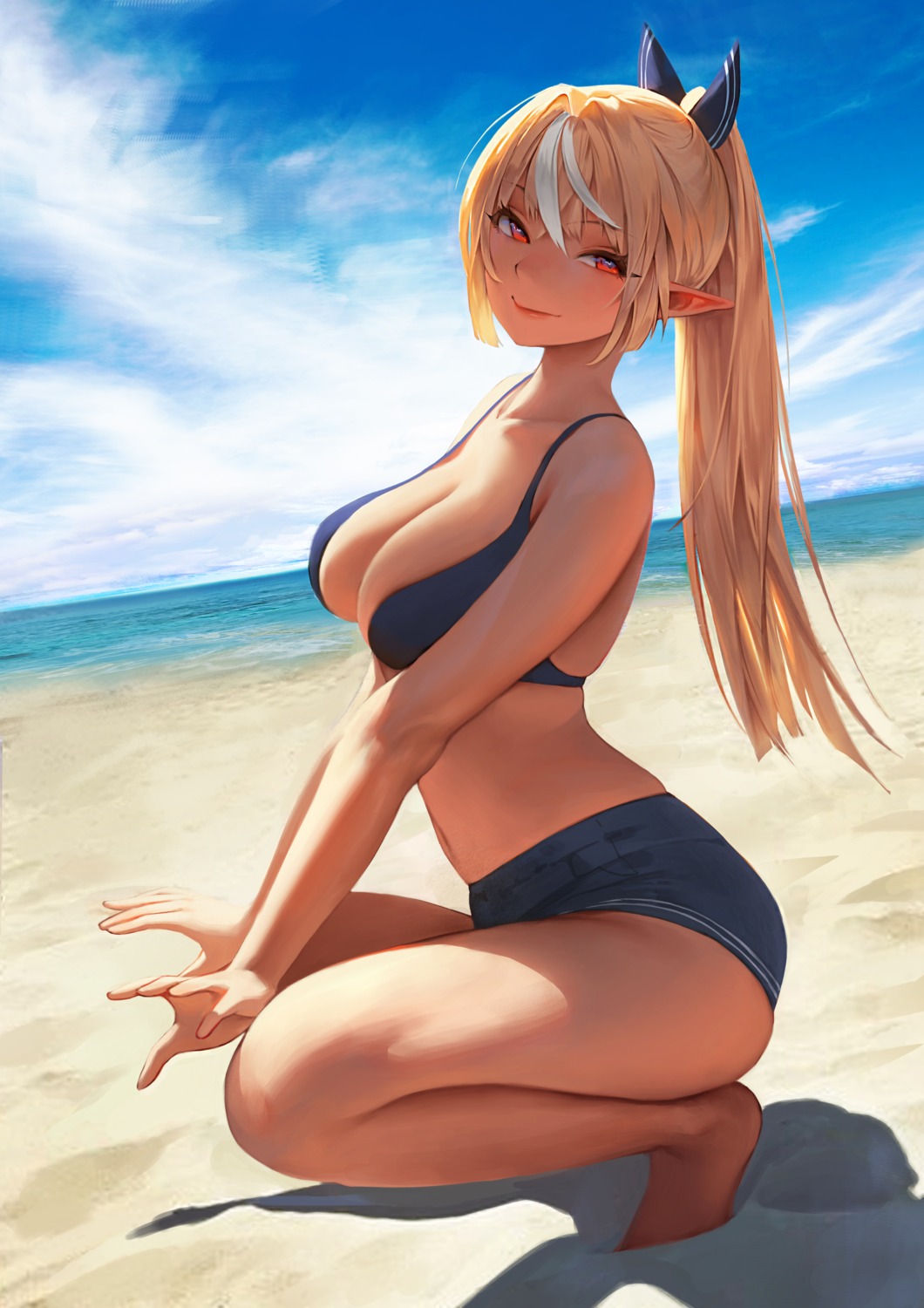 bikini_top charles_(106858) cleavage hololive pointy_ears shiranui_flare swimsuits