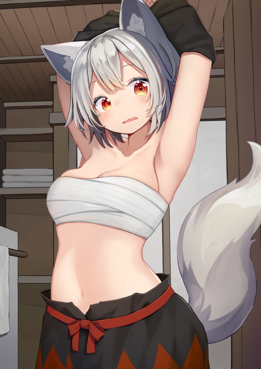 animal_ears inubashiri_momiji japanese_clothes mamemochi sarashi shirt_lift tail touhou undressing