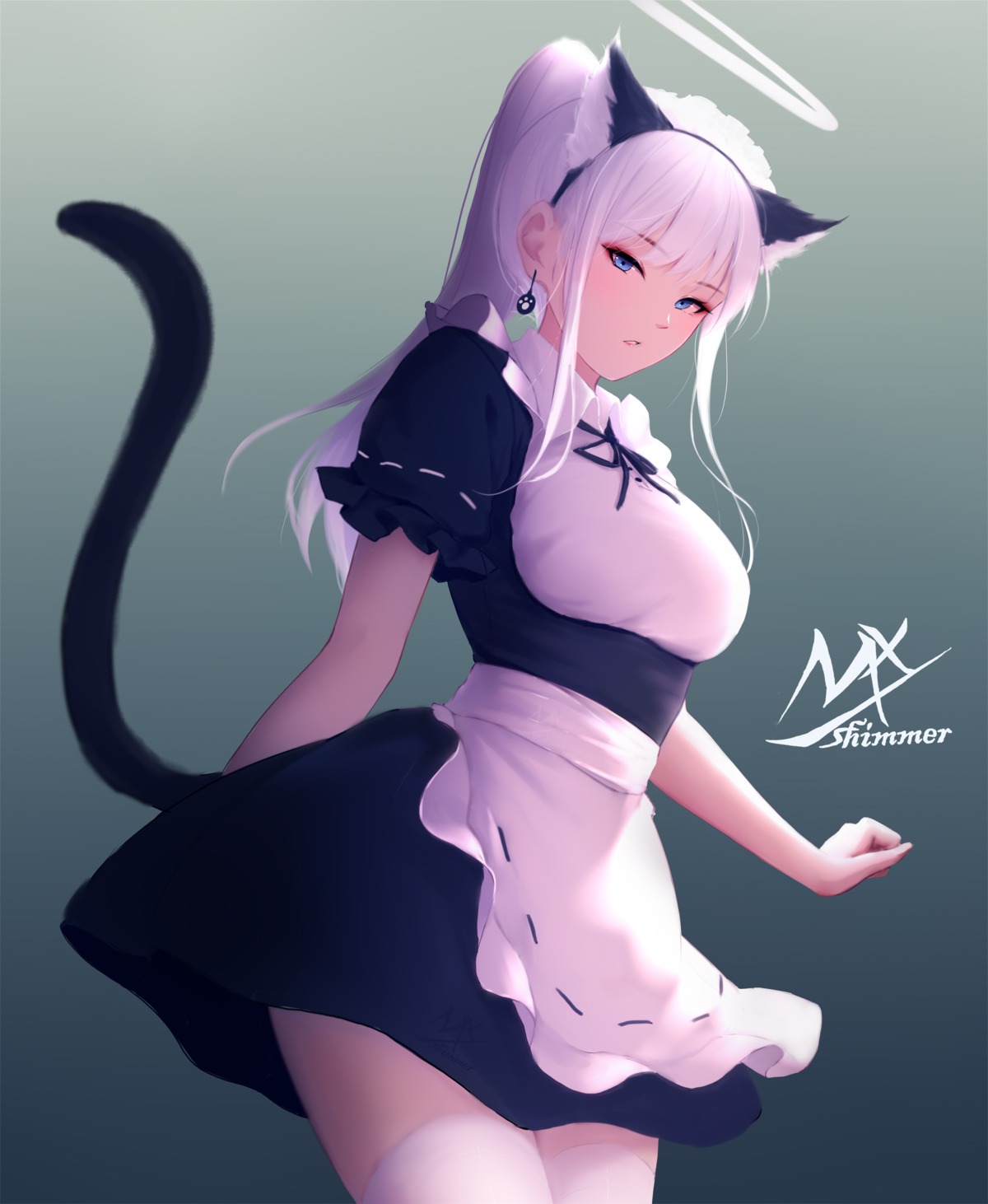 animal_ears maid nekomimi shimmer skirt_lift tail thighhighs