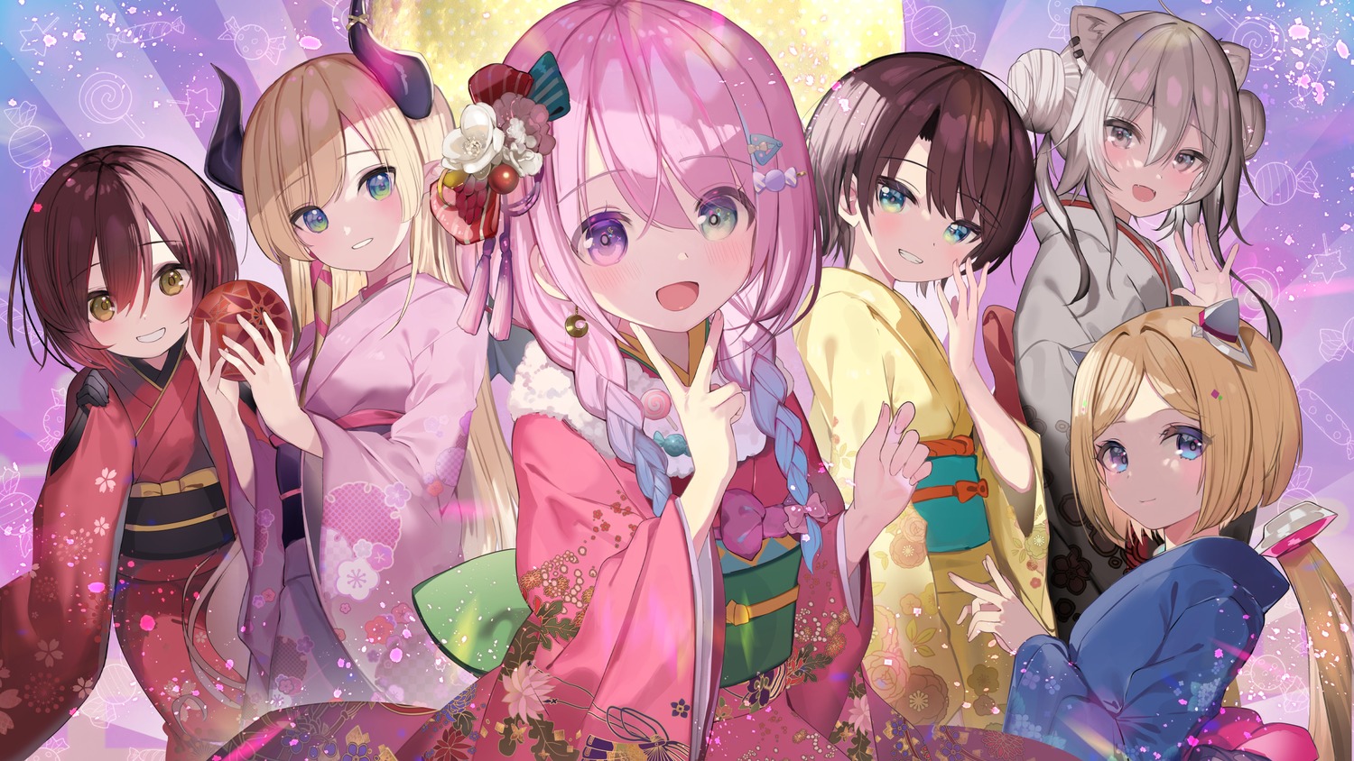 amakawa_sakko animal_ears heterochromia himemori_luna hololive horns kimono oozora_subaru roboco-san shishiro_botan yuzuki_choco