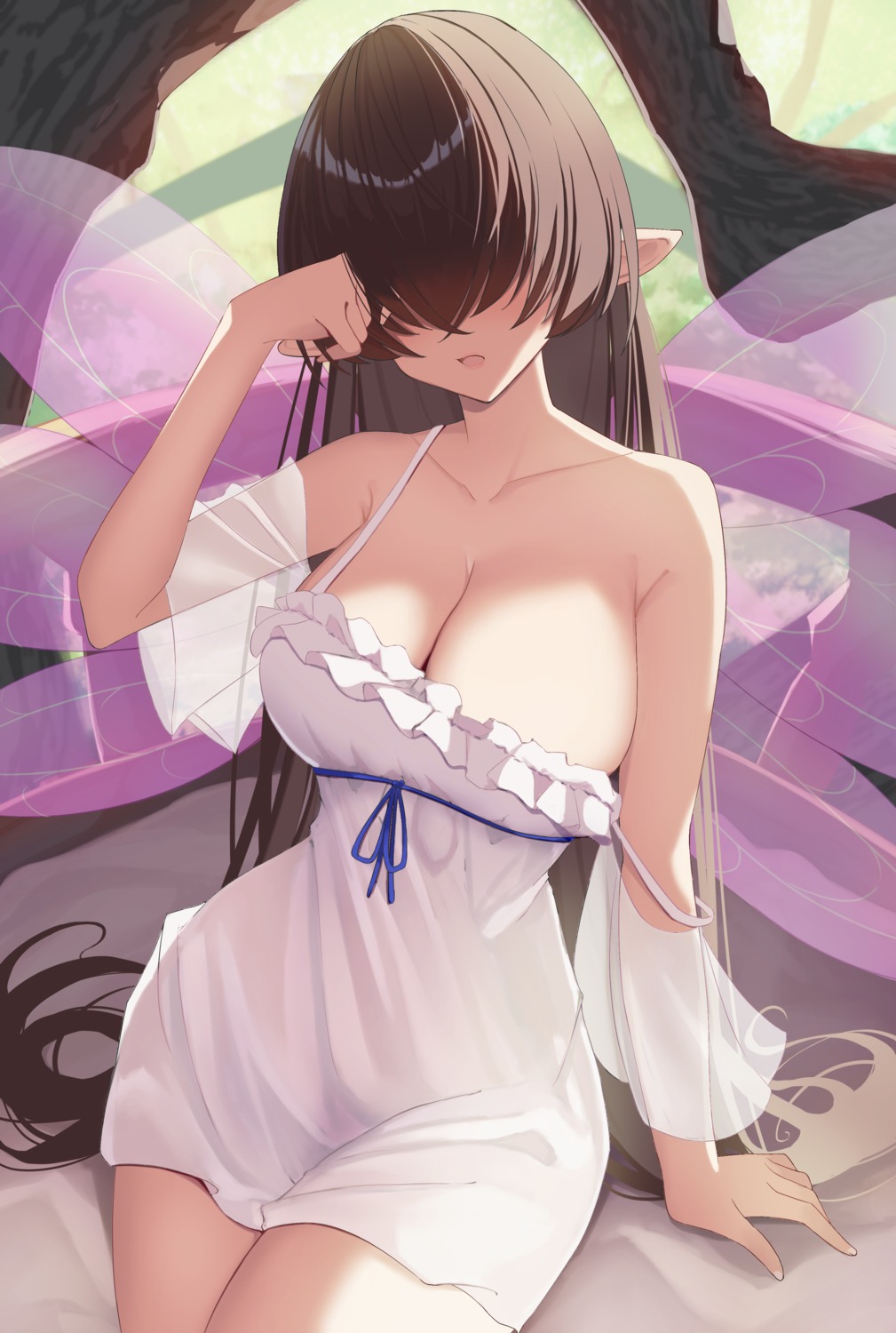 dress no_bra pointy_ears see_through summer_dress wabimochi