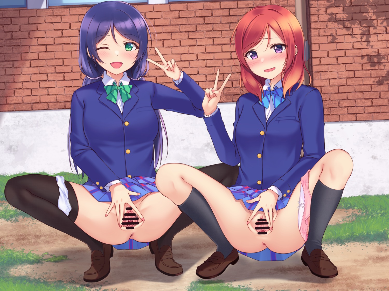 anus censored love_live! mobukichi nishikino_maki pantsu panty_pull pussy seifuku skirt_lift thighhighs toujou_nozomi