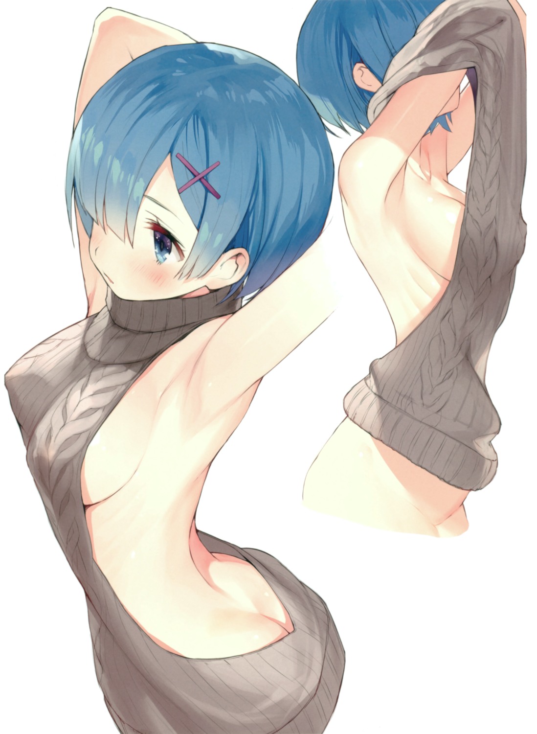 ass bottomless dress gaou macaron_taitei no_bra re_zero_kara_hajimeru_isekai_seikatsu rem_(re_zero) shirt_lift sweater undressing