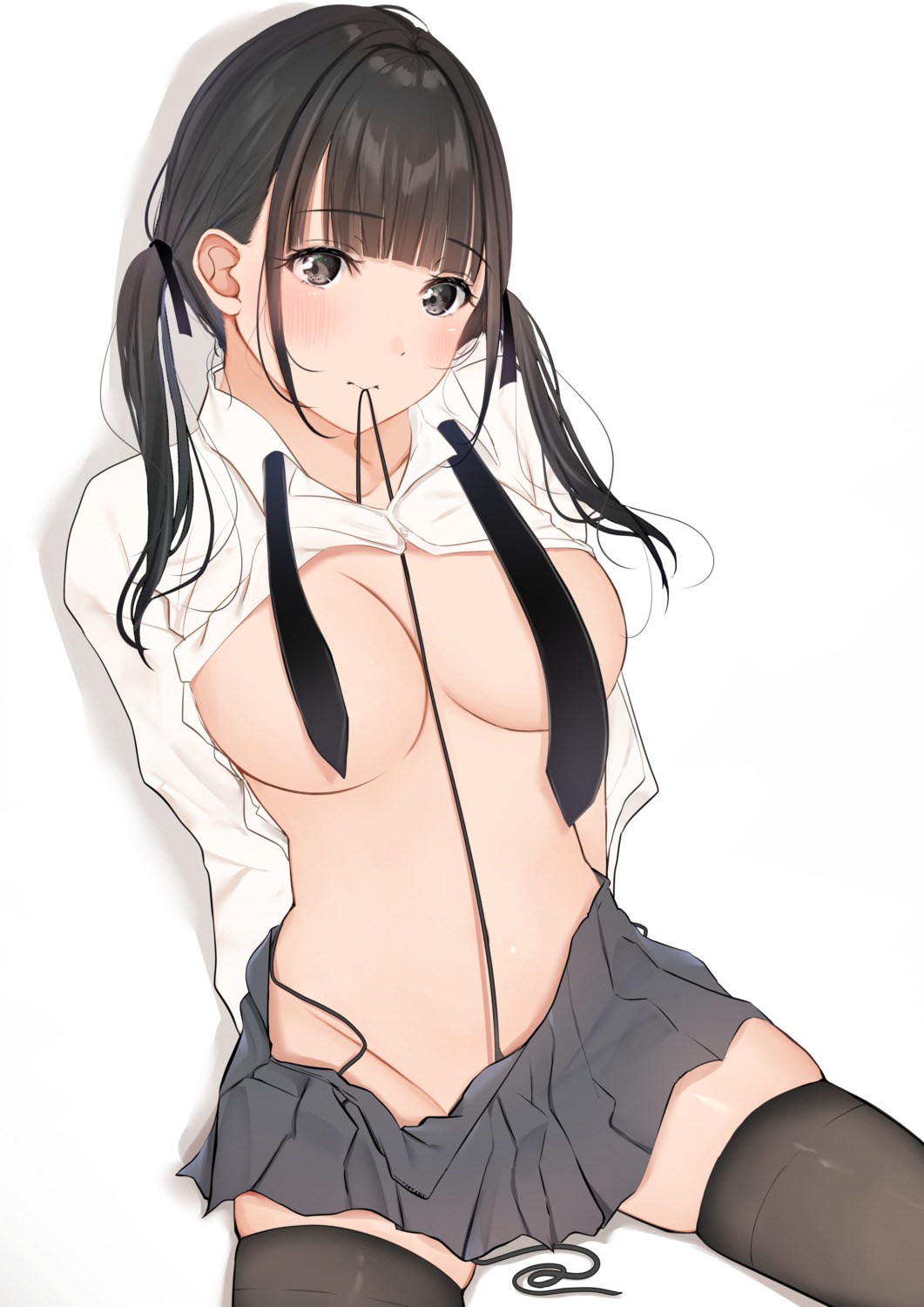 breasts no_bra nopan seifuku shirt_lift thighhighs uiri-na wardrobe_malfunction