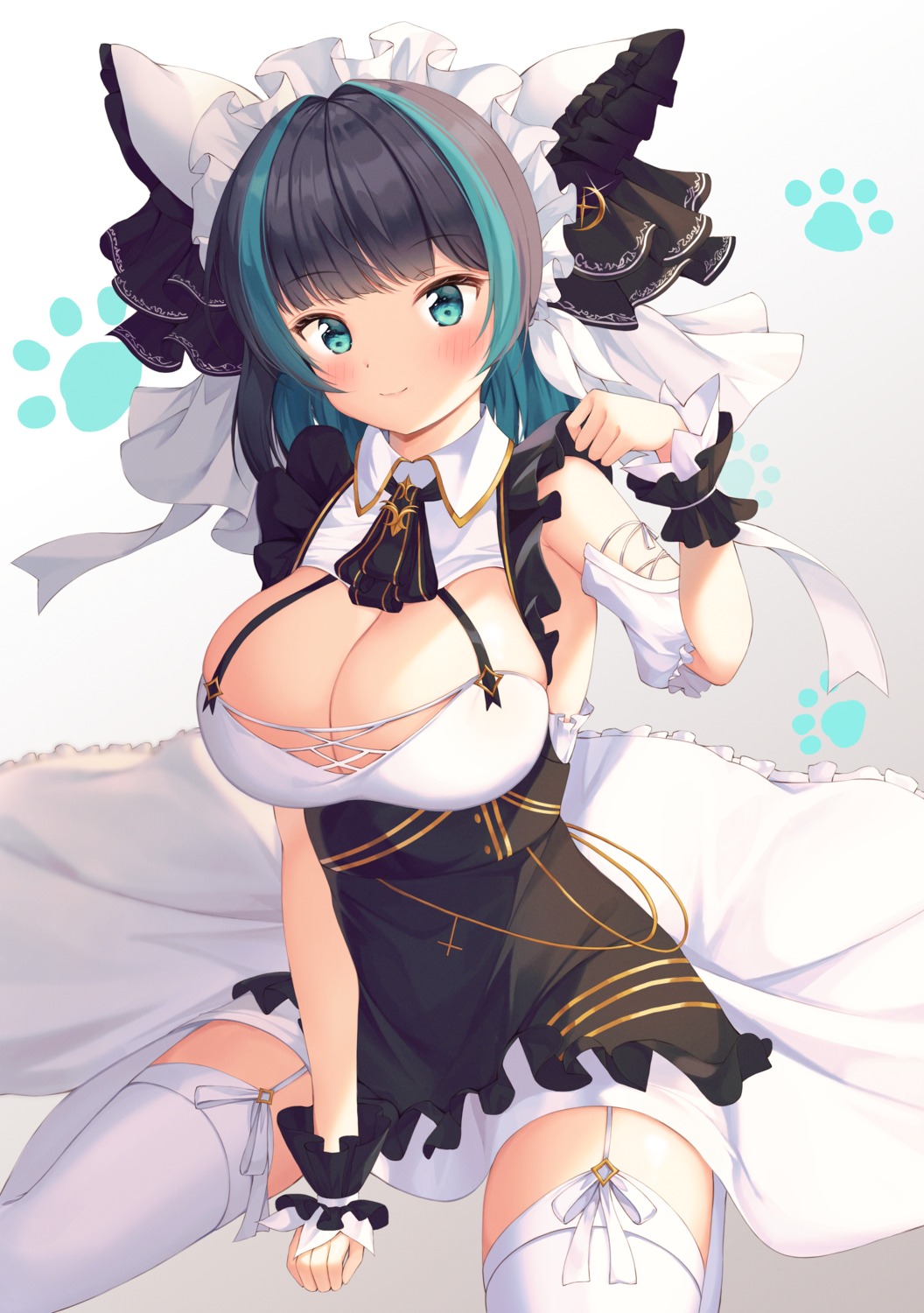 azur_lane cheshire_(azur_lane) kotomaru_(sirouko9511) maid no_bra skirt_lift stockings thighhighs