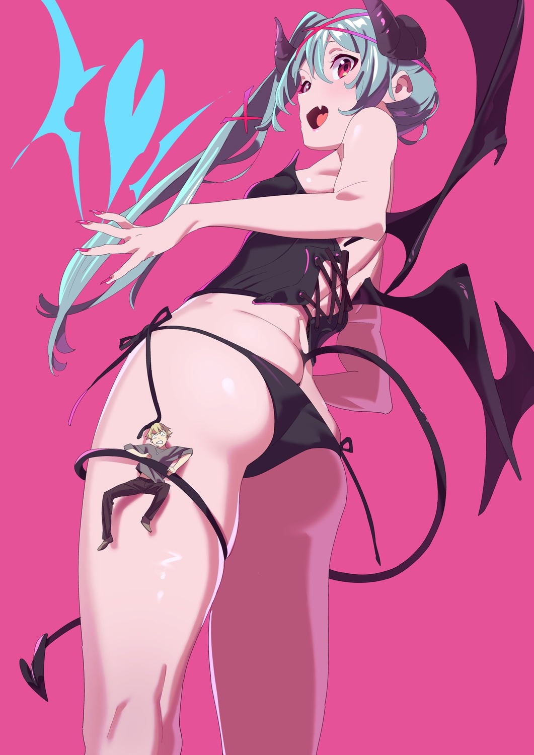 ass corset henken horns no_bra pantsu string_panties tail wings