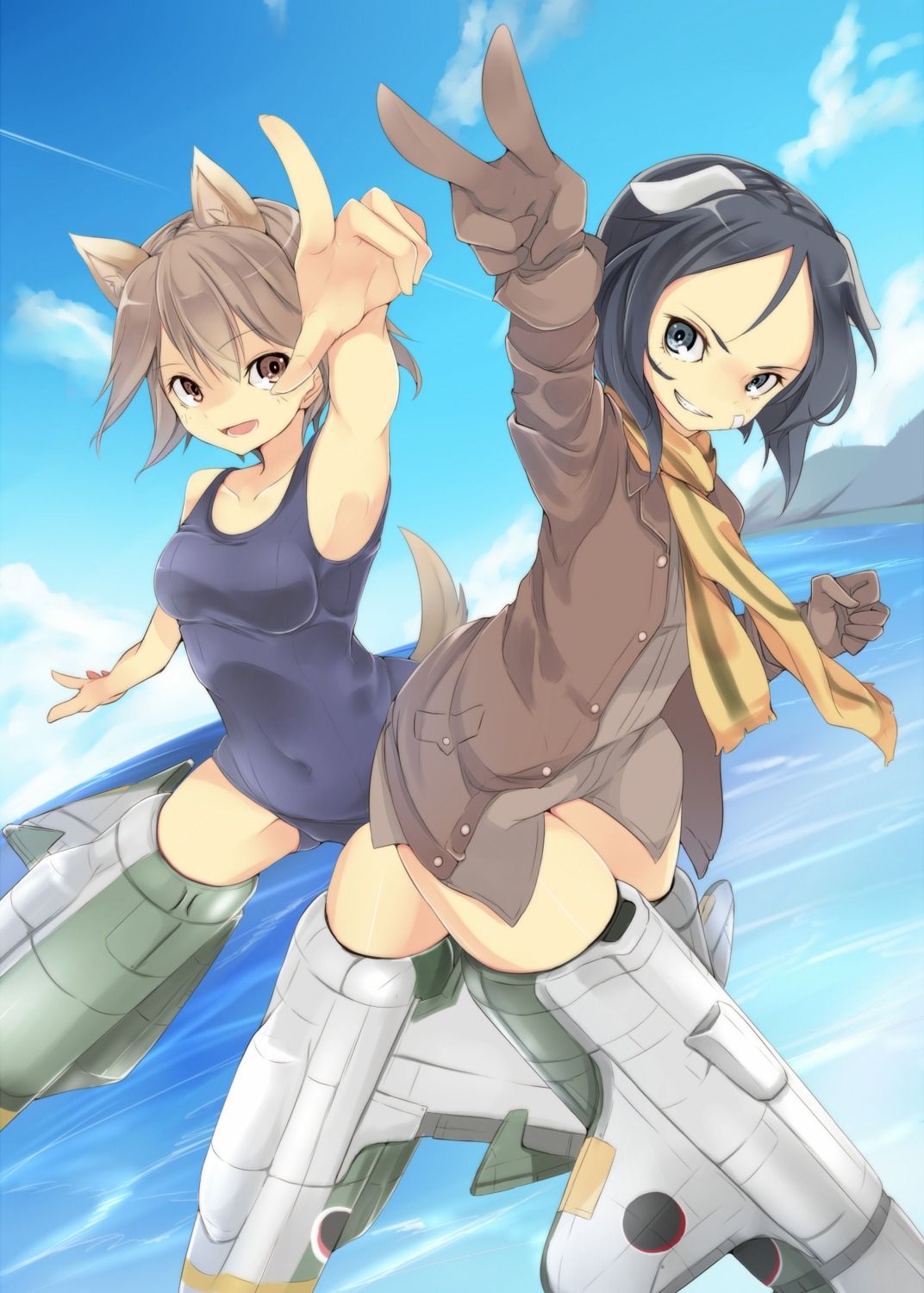 amai_nekuta animal_ears kanno_naoe mecha_musume miyafuji_yoshika school_swimsuit strike_witches swimsuits tail