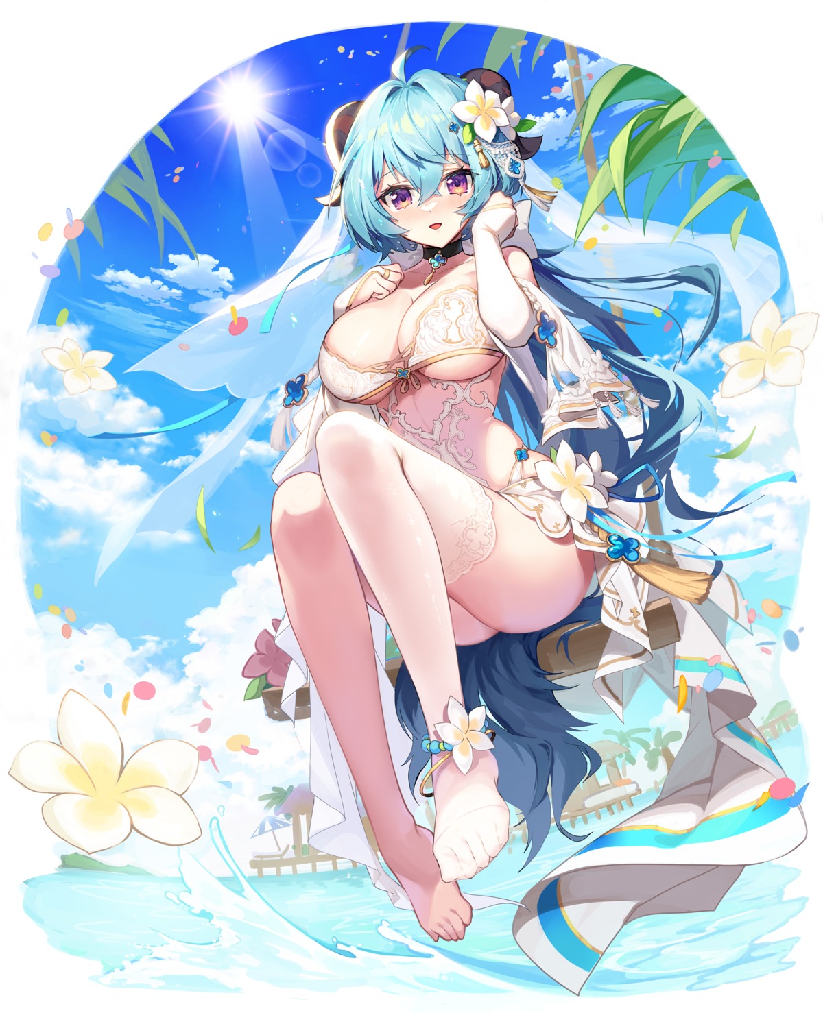 apple_caramel bra ganyu genshin_impact horns pantsu thighhighs thong