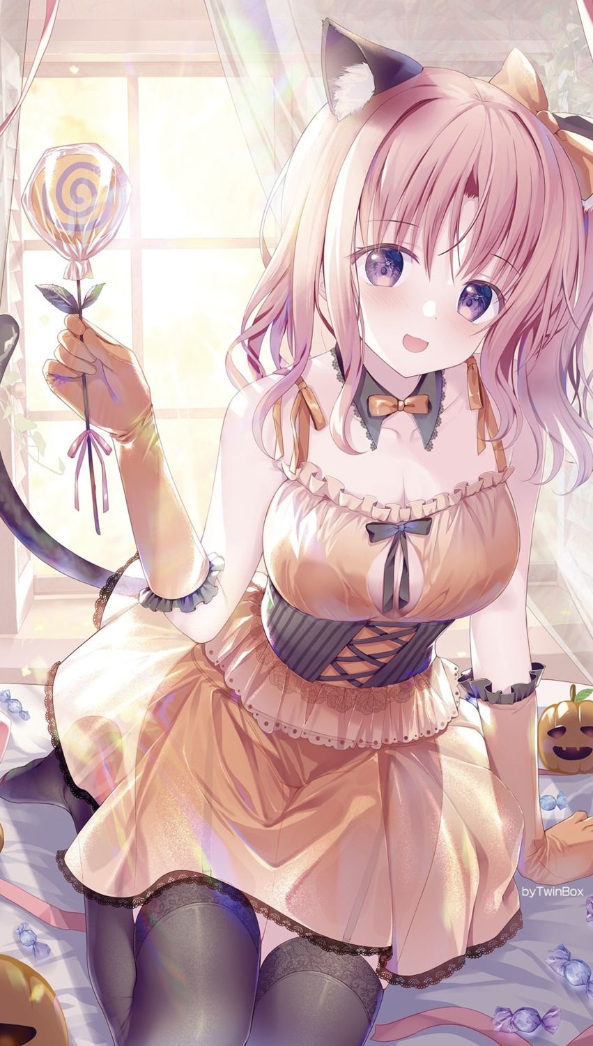 animal_ears cleavage dress halloween izumi_kaori_(twinbox) nekomimi pantsu see_through stockings tail thighhighs twinbox twinbox_school