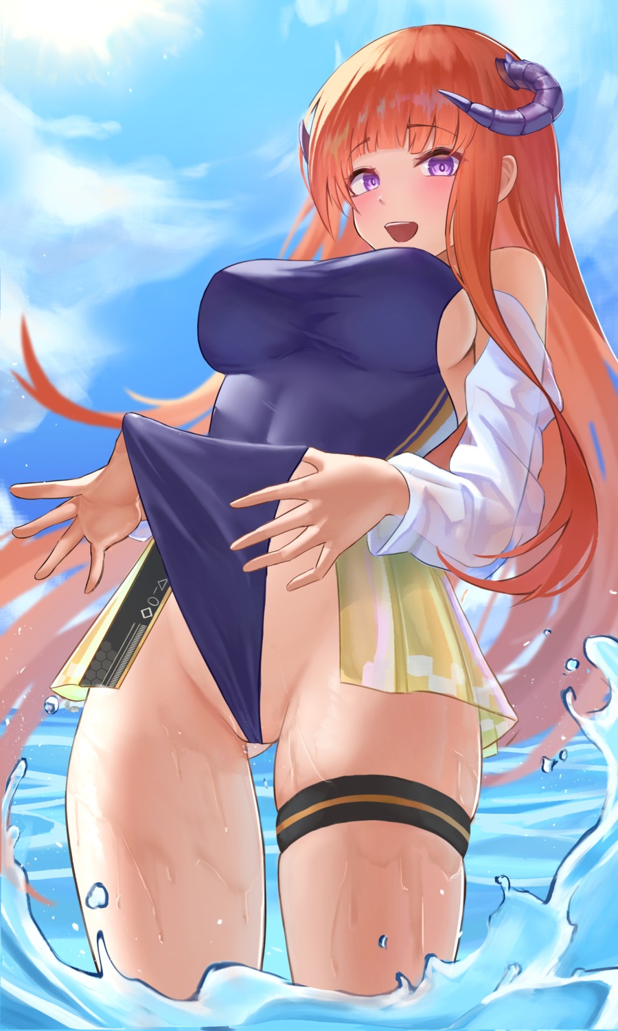 arknights bagpipe_(arknights) garter horns jixo_(user_nzhc8728) see_through swimsuits wet