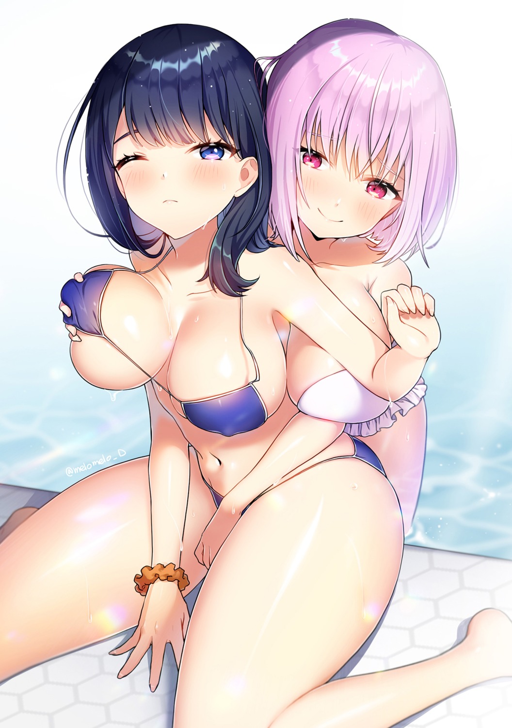 bikini breast_grab erect_nipples melo_(meromero) shinjou_akane ssss.gridman swimsuits takarada_rikka wet yuri