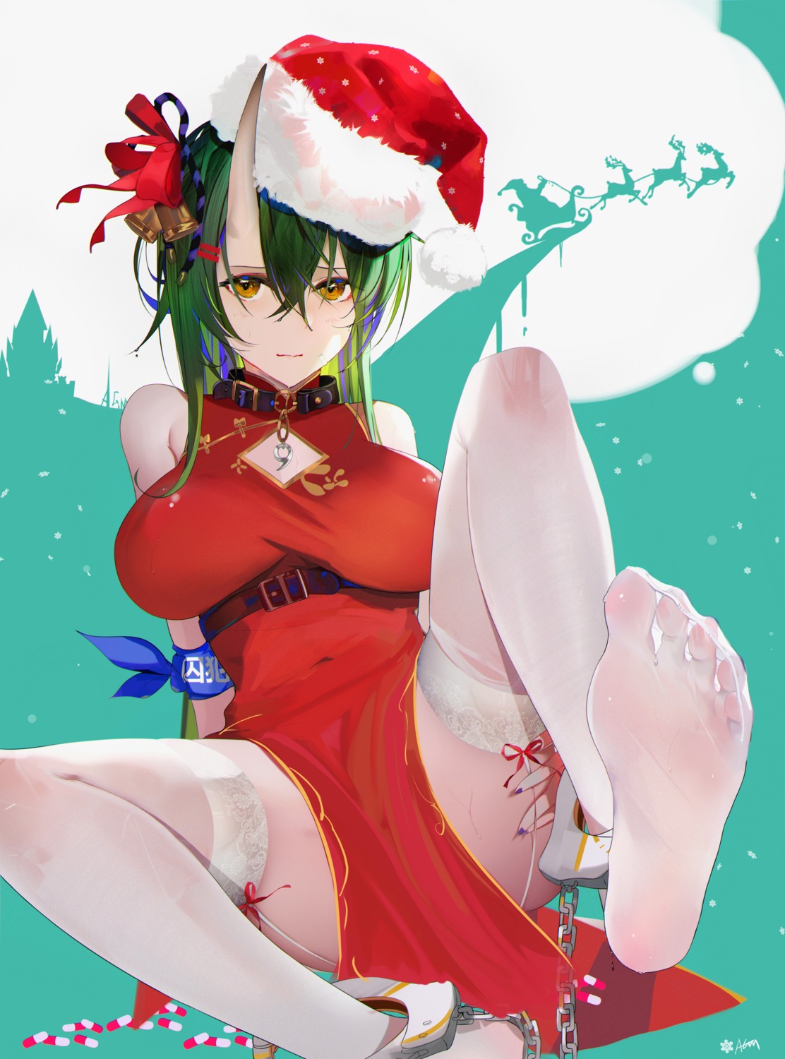 arknights bondage chinadress christmas cleavage feet horns hoshiguma_(arknights) omone_hokoma_agm stockings thighhighs