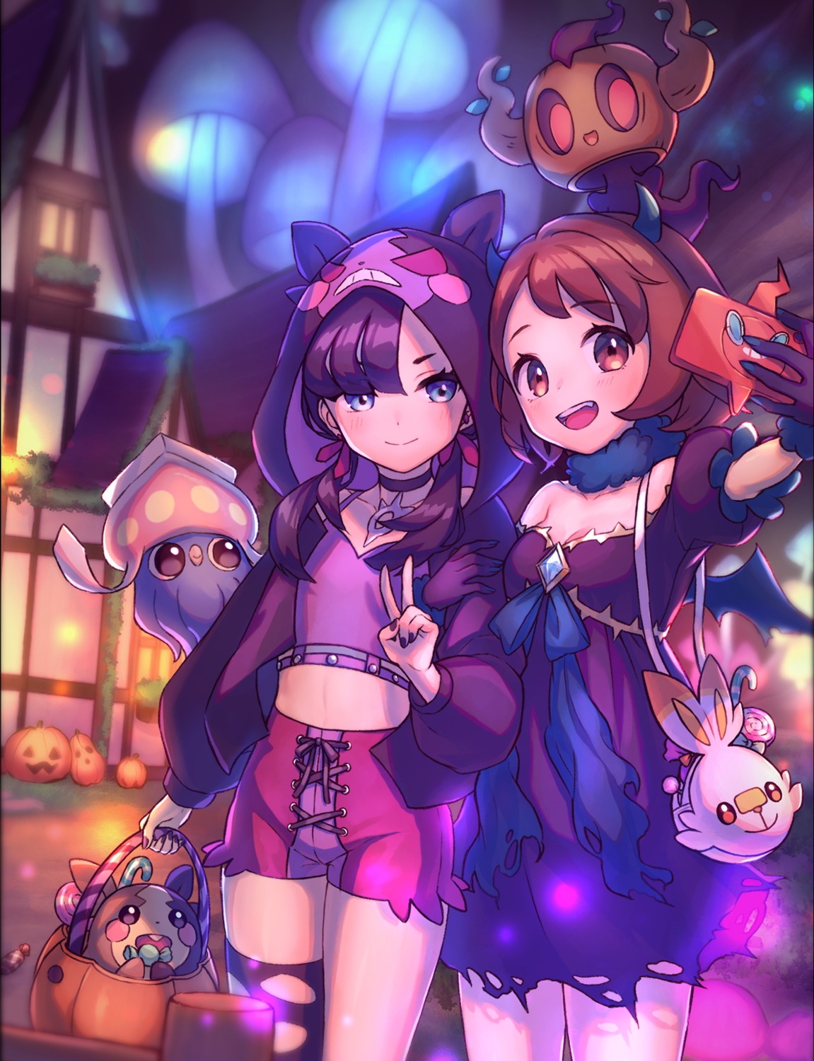 cleavage dress halloween horns inkay mary_(pokemon) morpeko n2ewu phantump pokemon pokemon_swsh scorbunny selfie thighhighs torn_clothes wings yuri yuuri_(pokemon)