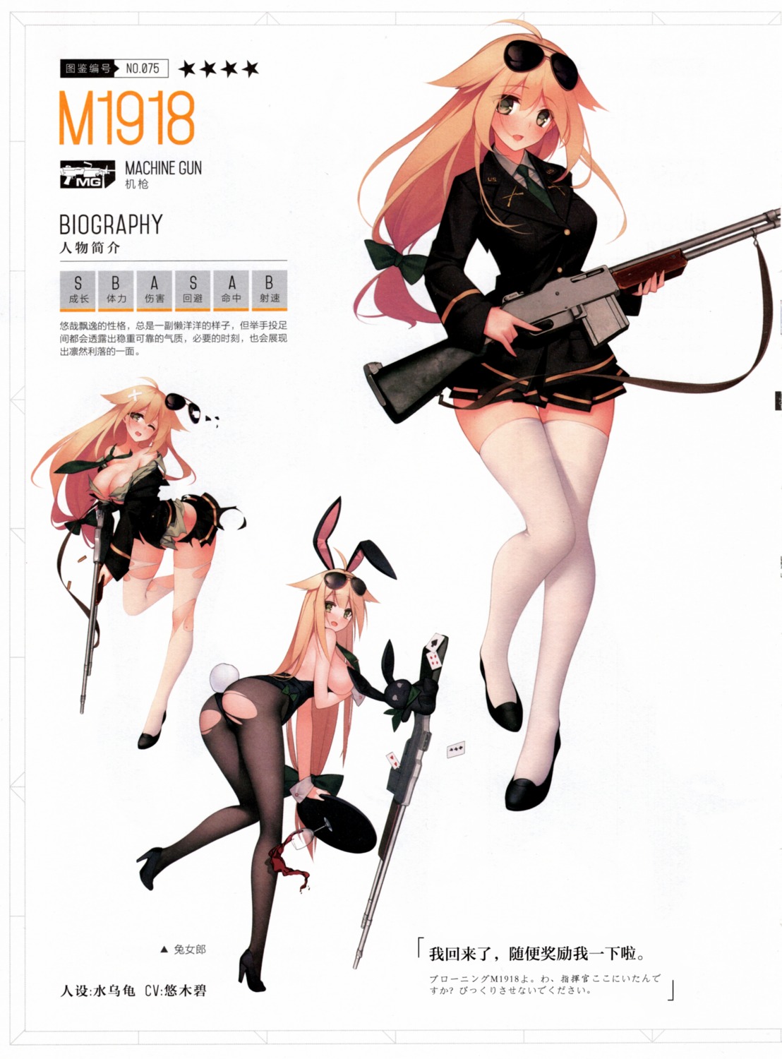animal_ears ass breast_hold breasts bunny_ears bunny_girl girls_frontline gun m1918_bar_(girls_frontline) megane no_bra open_shirt pantyhose suisai. tail thighhighs torn_clothes uniform