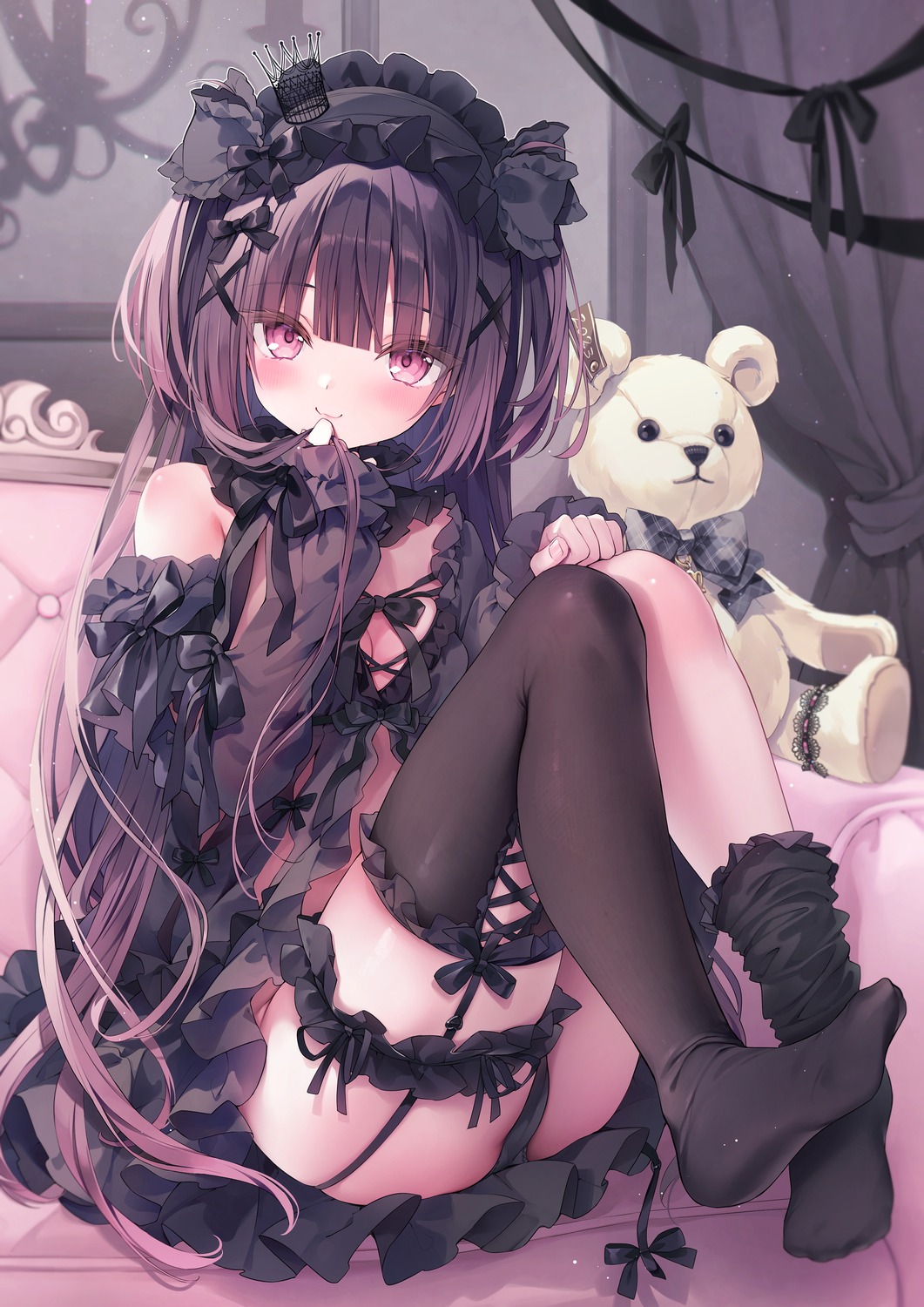 bra cameltoe chloe_(rubi-sama) cleavage garter gothic_lolita lingerie lolita_fashion rubi-sama skirt_lift stockings thighhighs thong