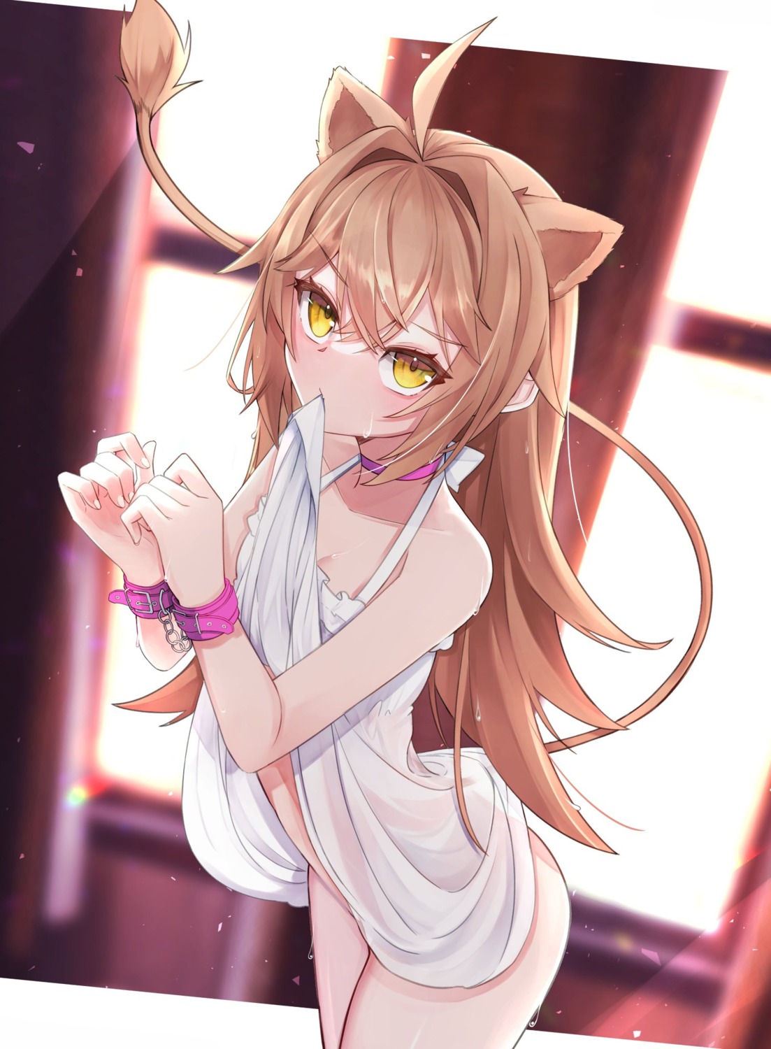 animal_ears dress eto_(eto96-1114) indie_virtual_youtuber no_bra nopan rurudo_lion see_through skirt_lift summer_dress tail