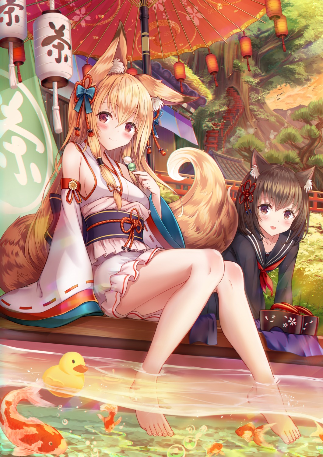 animal_ears feet japanese_clothes kitsune miko nekomimi no_bra sakura_ani seifuku skirt_lift tail wet