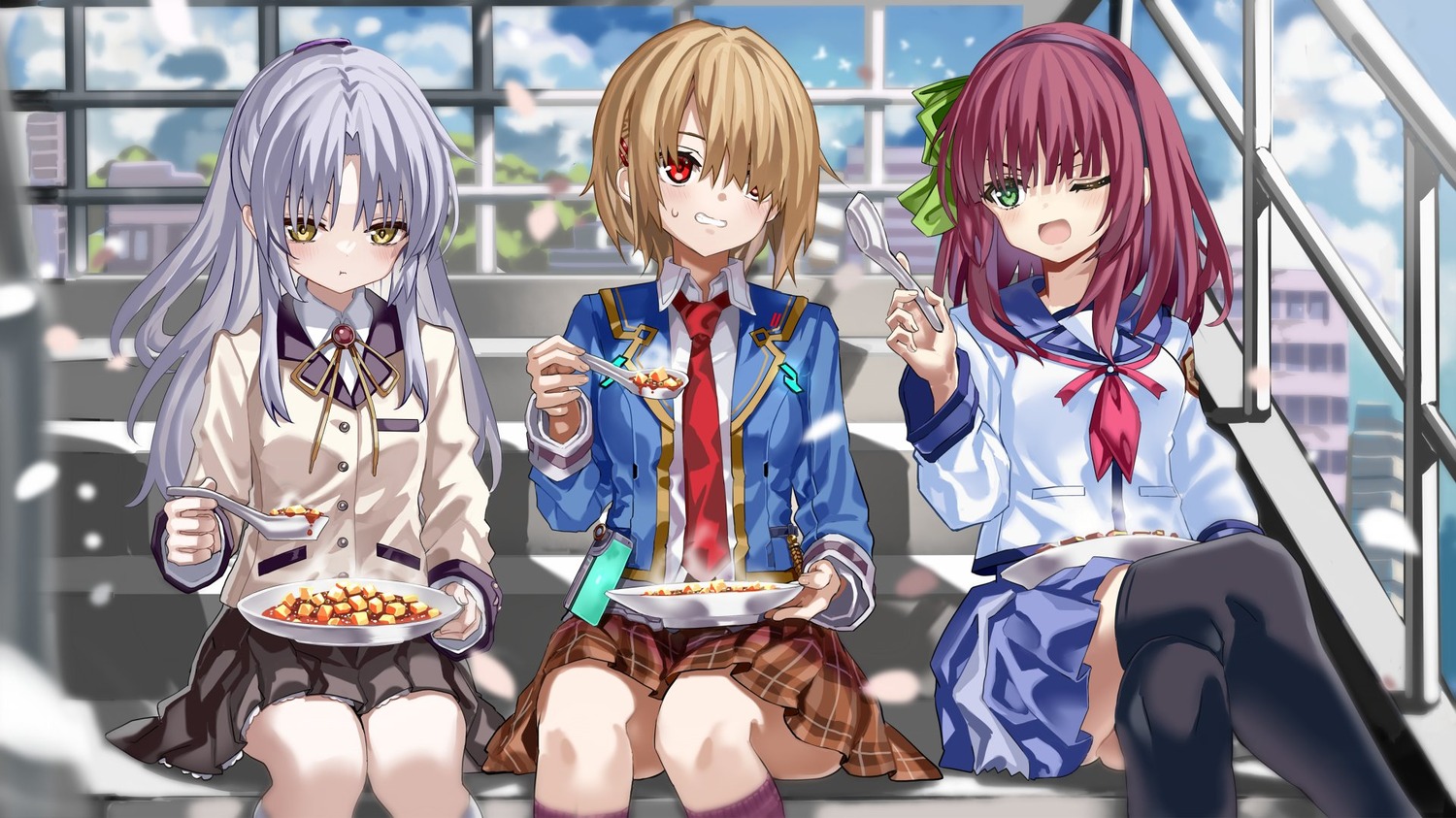 angel_beats! crossover heaven_burns_red nakamura_yuri seifuku shino_(eefy) tachibana_kanade thighhighs