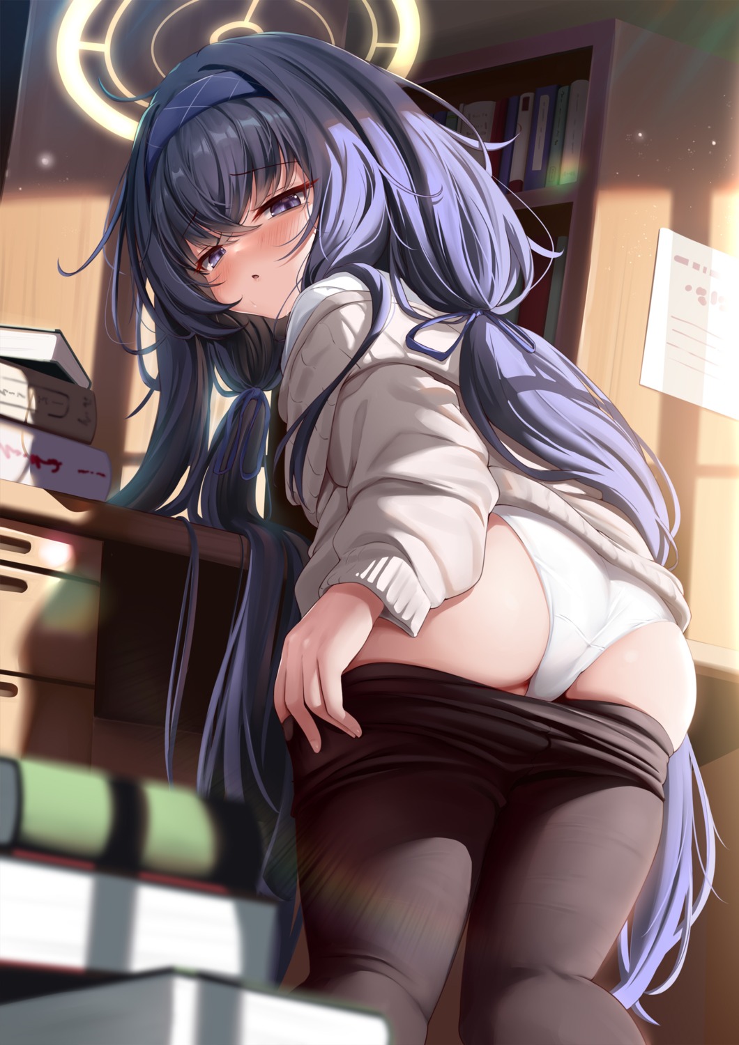 ass blue_archive halo kokuto_(kurousagi1210) kozeki_ui pantsu pantyhose seifuku sweater undressing