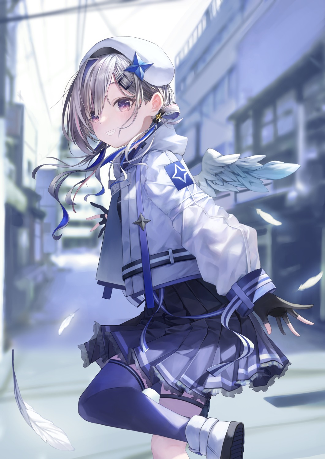 amane_kanata fudepenbrushpen garter hololive seifuku skirt_lift thighhighs wings