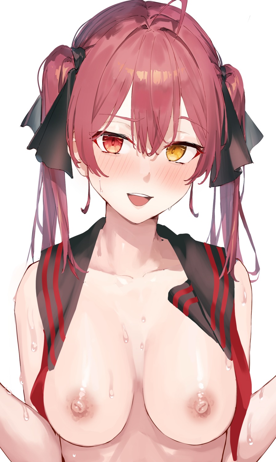 breasts heterochromia hololive houshou_marine nipples no_bra open_shirt seifuku wet xkirara39x