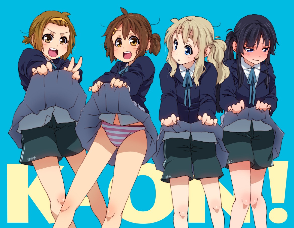 akiyama_mio hirasawa_yui k-on! kotobuki_tsumugi pantsu ringo78 seifuku shimapan skirt_lift tainaka_ritsu