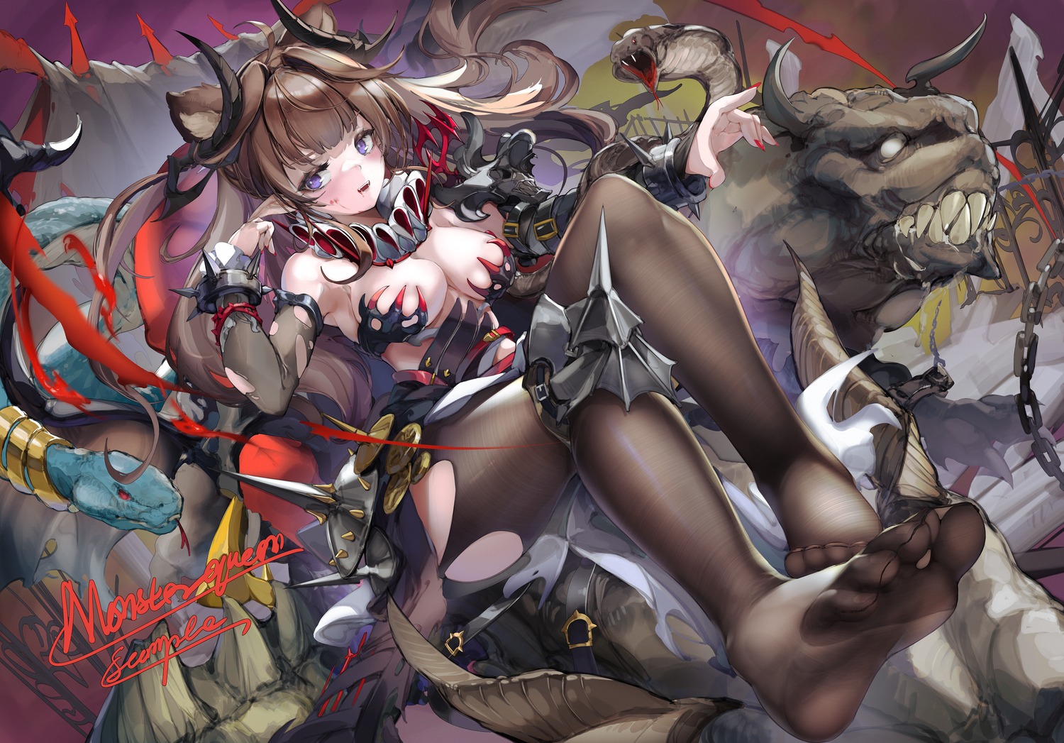 animal_ears armor feet horns no_bra pantyhose pointy_ears torn_clothes xun_li_eins