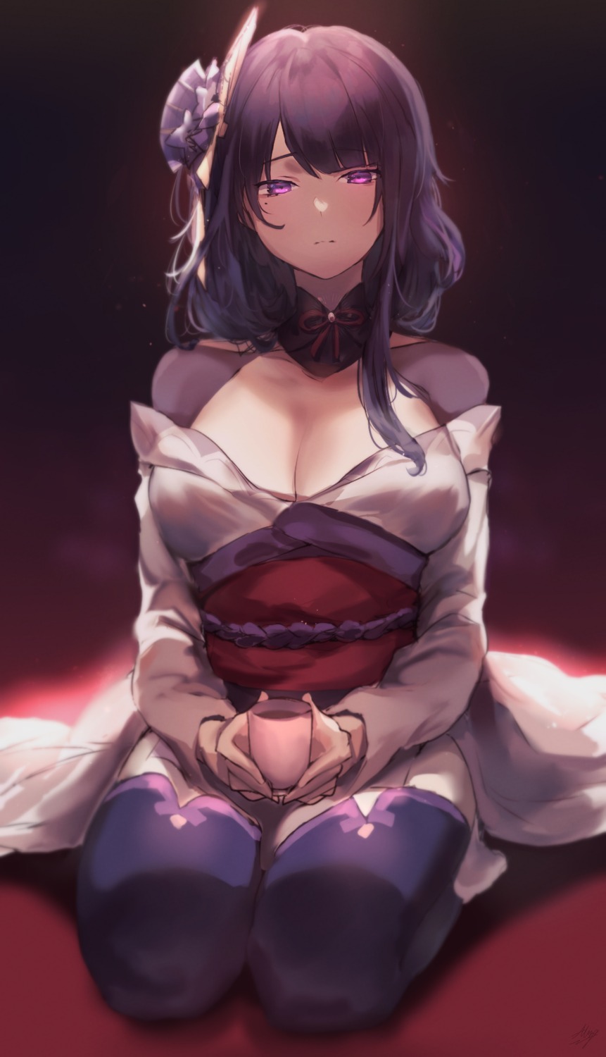 allze genshin_impact japanese_clothes no_bra open_shirt raiden_shogun thighhighs