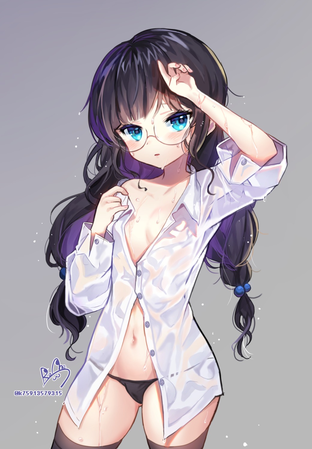 cameltoe dress_shirt lerome megane no_bra open_shirt pantsu see_through thighhighs wet wet_clothes