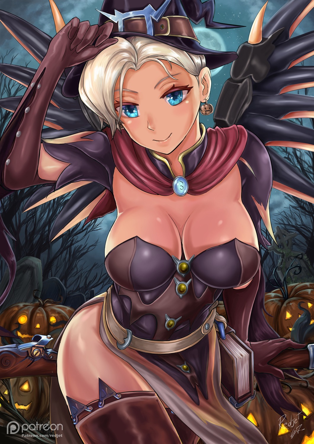 cleavage halloween mercy_(overwatch) overwatch redjet thighhighs wings witch