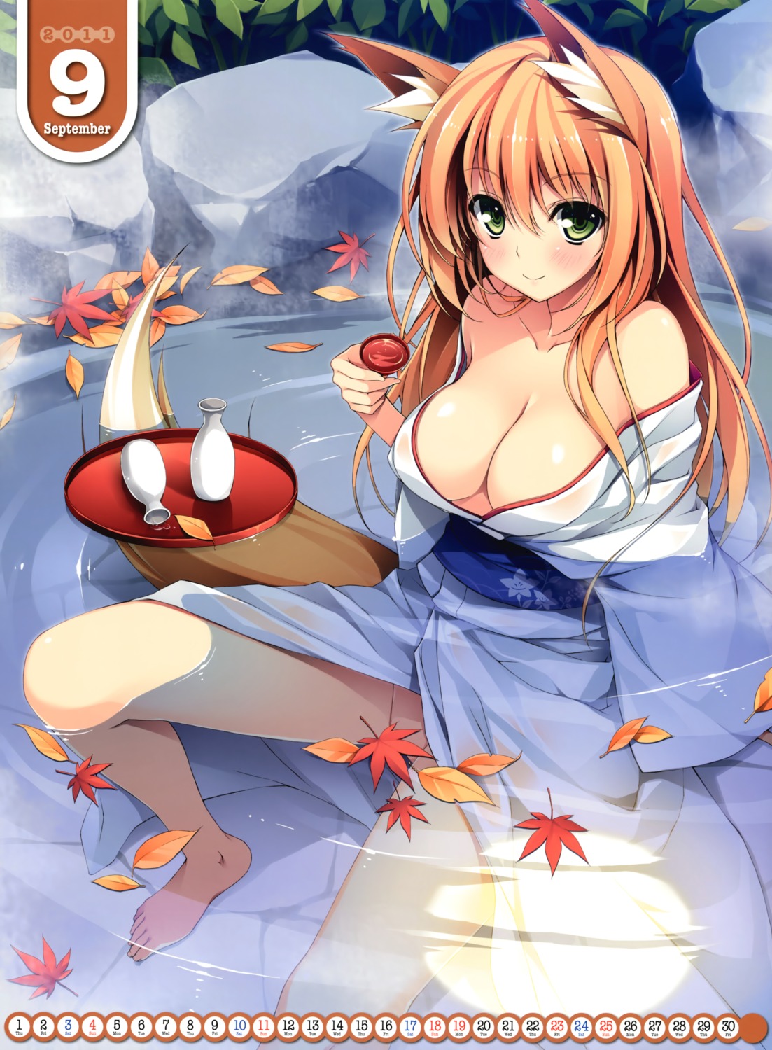 animal_ears bathing calendar cleavage kitsune no_bra nopan onsen robe wet wet_clothes yuuki_hagure