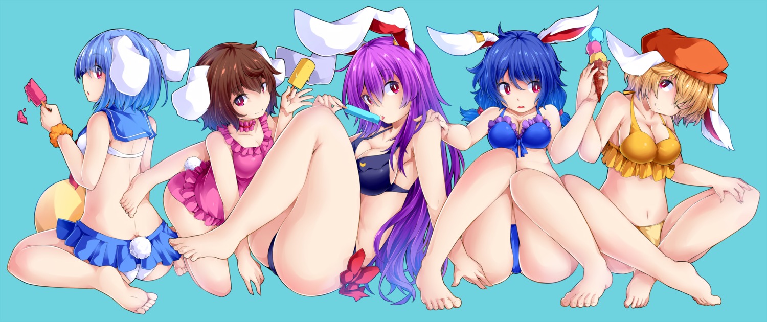 animal_ears ass bikini bunny_ears cleavage feet inaba_tewi ishimu reisen reisen_udongein_inaba ringo_(touhou) seiran_(touhou) swimsuits tail touhou