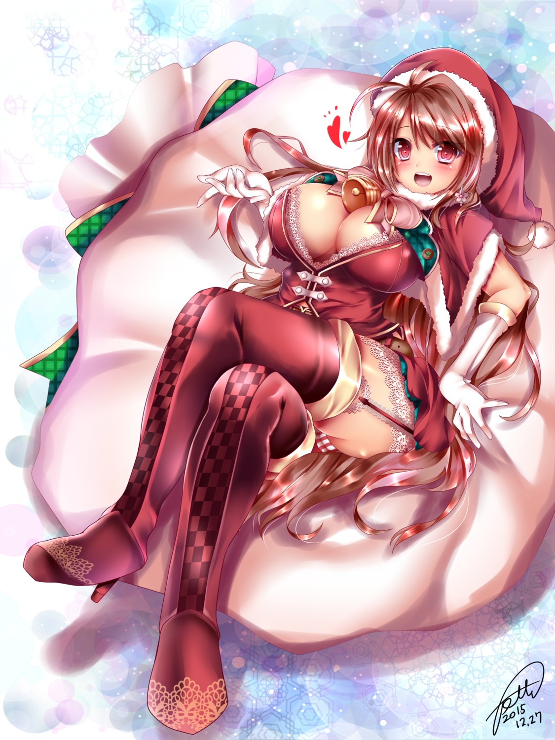 christmas cleavage erect_nipples heels jotti no_bra open_shirt phantasy_star_online_2 stockings thighhighs