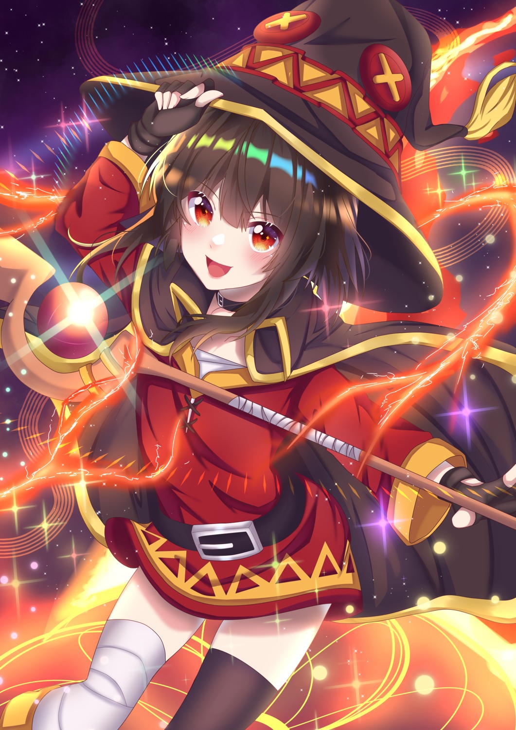 bandages dress kono_subarashii_sekai_ni_shukufuku_wo! megumin reinakocchi skirt_lift thighhighs weapon witch