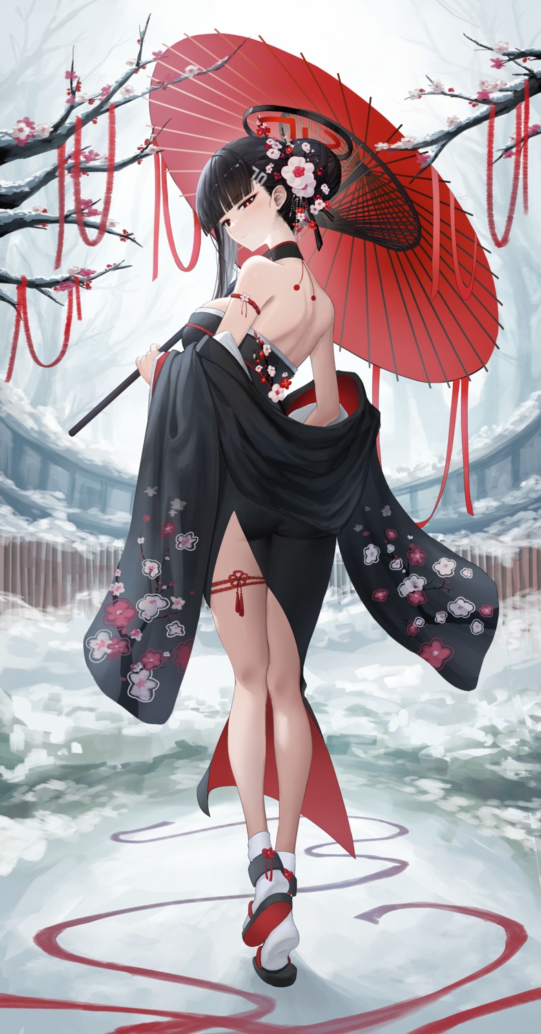 ass blue_archive garter halo hodangdang_ok kimono tsukatsuki_rio umbrella