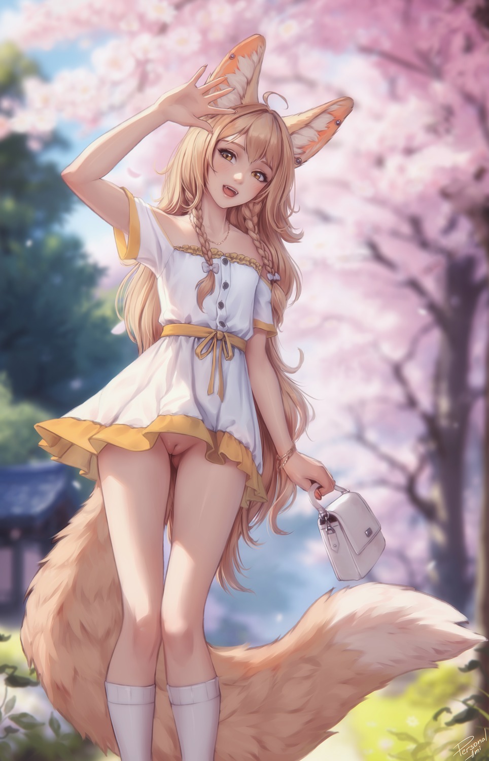 animal_ears dress kitsune nopan personal_ami pussy summer_dress tail uncensored