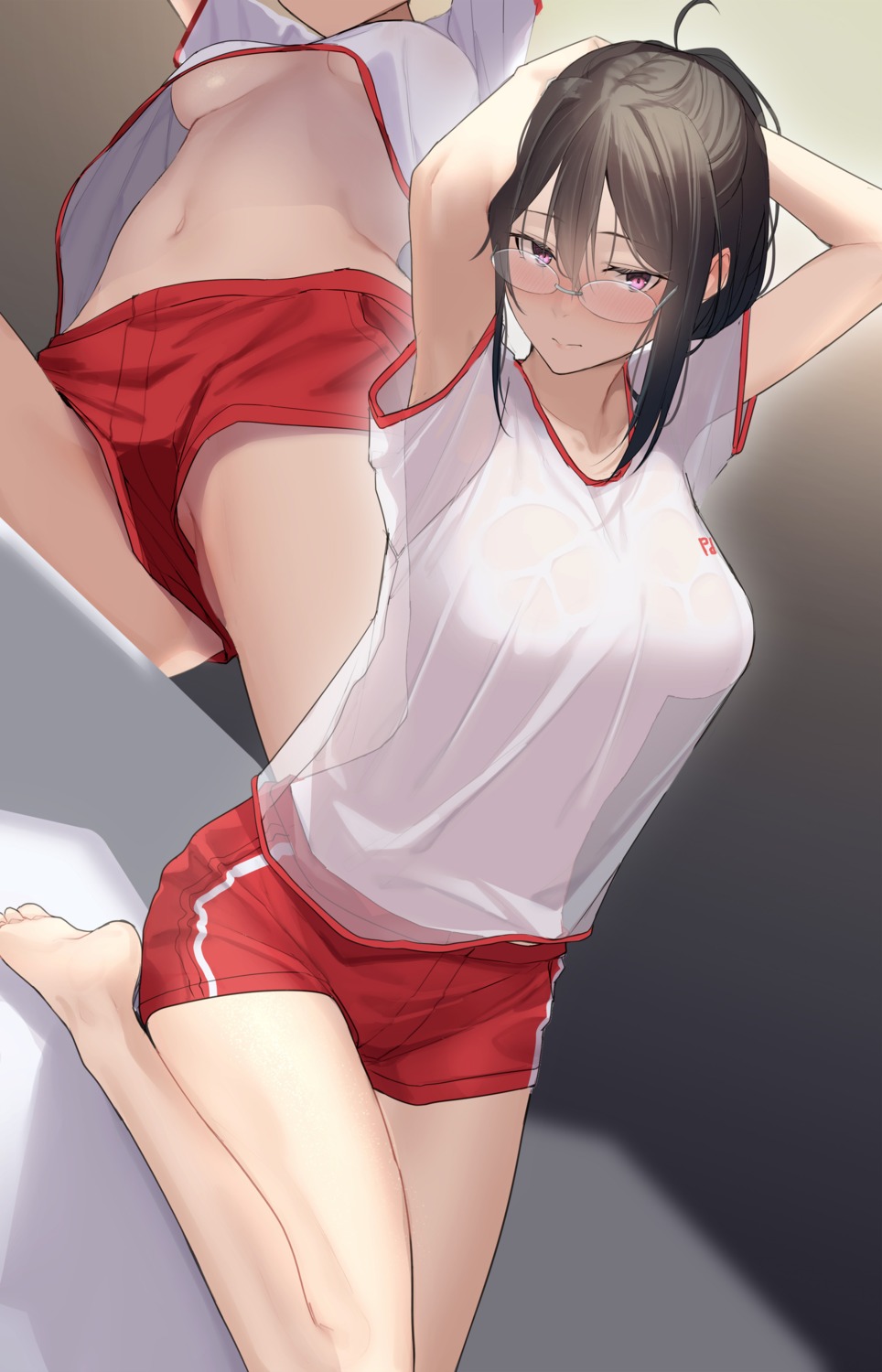 buruma gym_uniform megane no_bra pallad see_through shirt_lift underboob wet_clothes