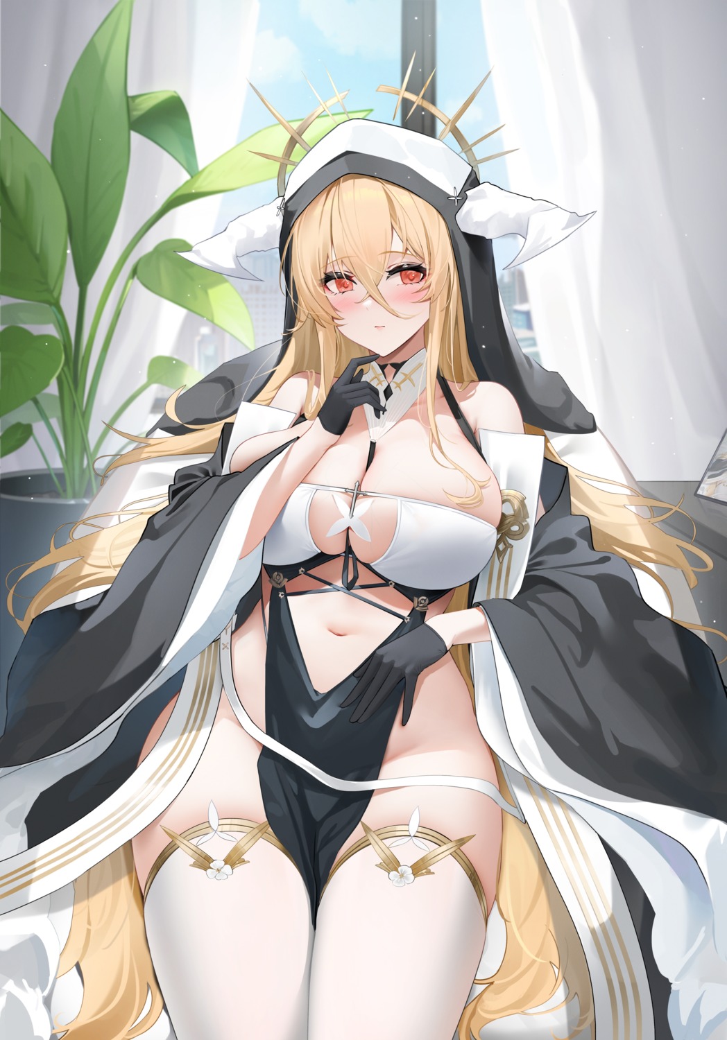 azur_lane horns implacable_(azur_lane) no_bra nun qing_wu thighhighs