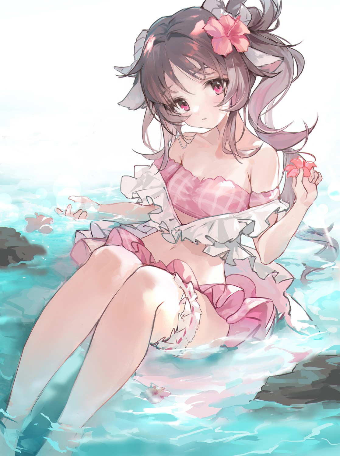 animal_ears arknights bikini cleavage ergouzi_echo eyjafjalla_(arknights) garter horns open_shirt skirt_lift swimsuits wet