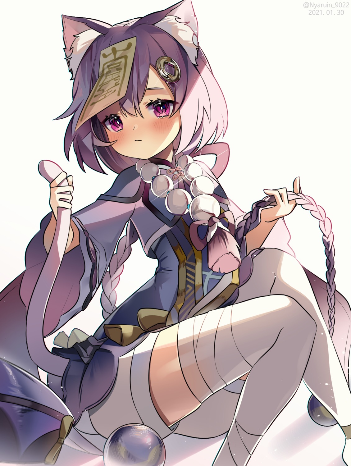 animal_ears asian_clothes bandages genshin_impact nekomimi nyaruin qiqi tail thighhighs