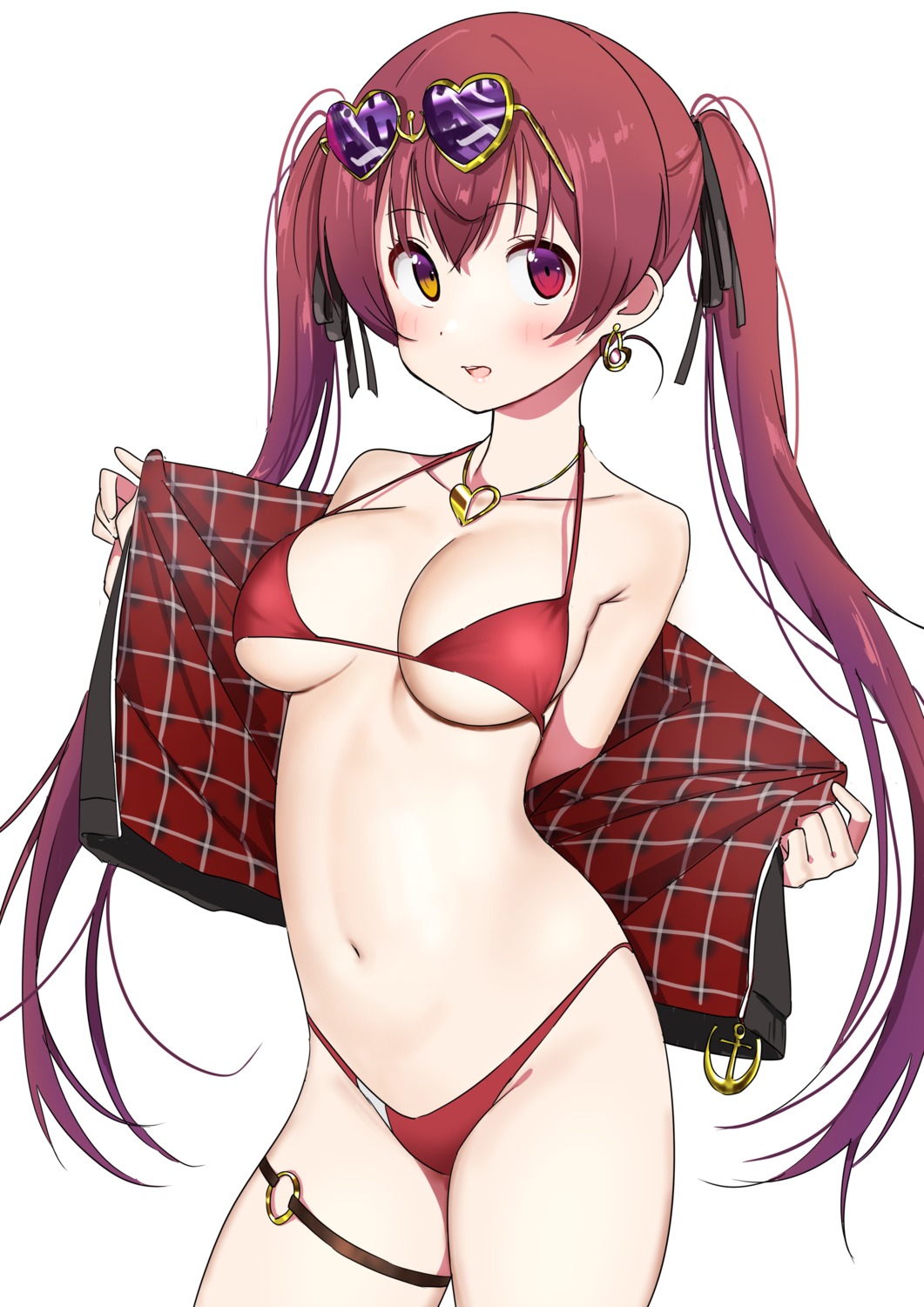 bikini furuyama_tsukuru garter heterochromia hololive houshou_marine megane open_shirt swimsuits undressing