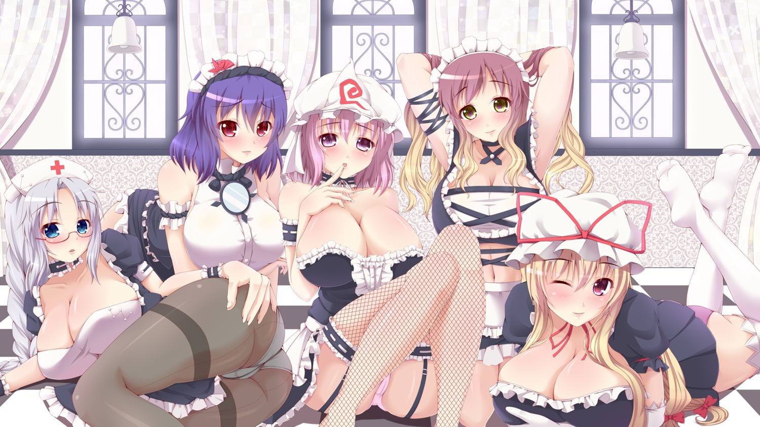 cameltoe cleavage fishnets hijiri_byakuren maid megane melopun pantsu pantyhose saigyouji_yuyuko stockings thighhighs touhou wallpaper yagokoro_eirin yakumo_yukari yasaka_kanako