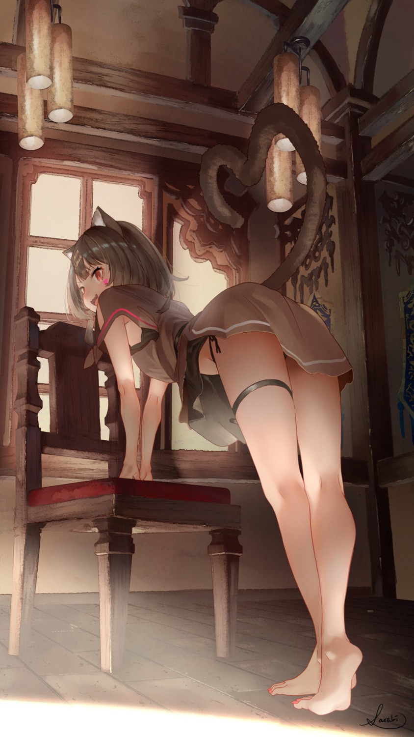 animal_ears dress feet garter nekomimi pantsu saraki skirt_lift string_panties tail