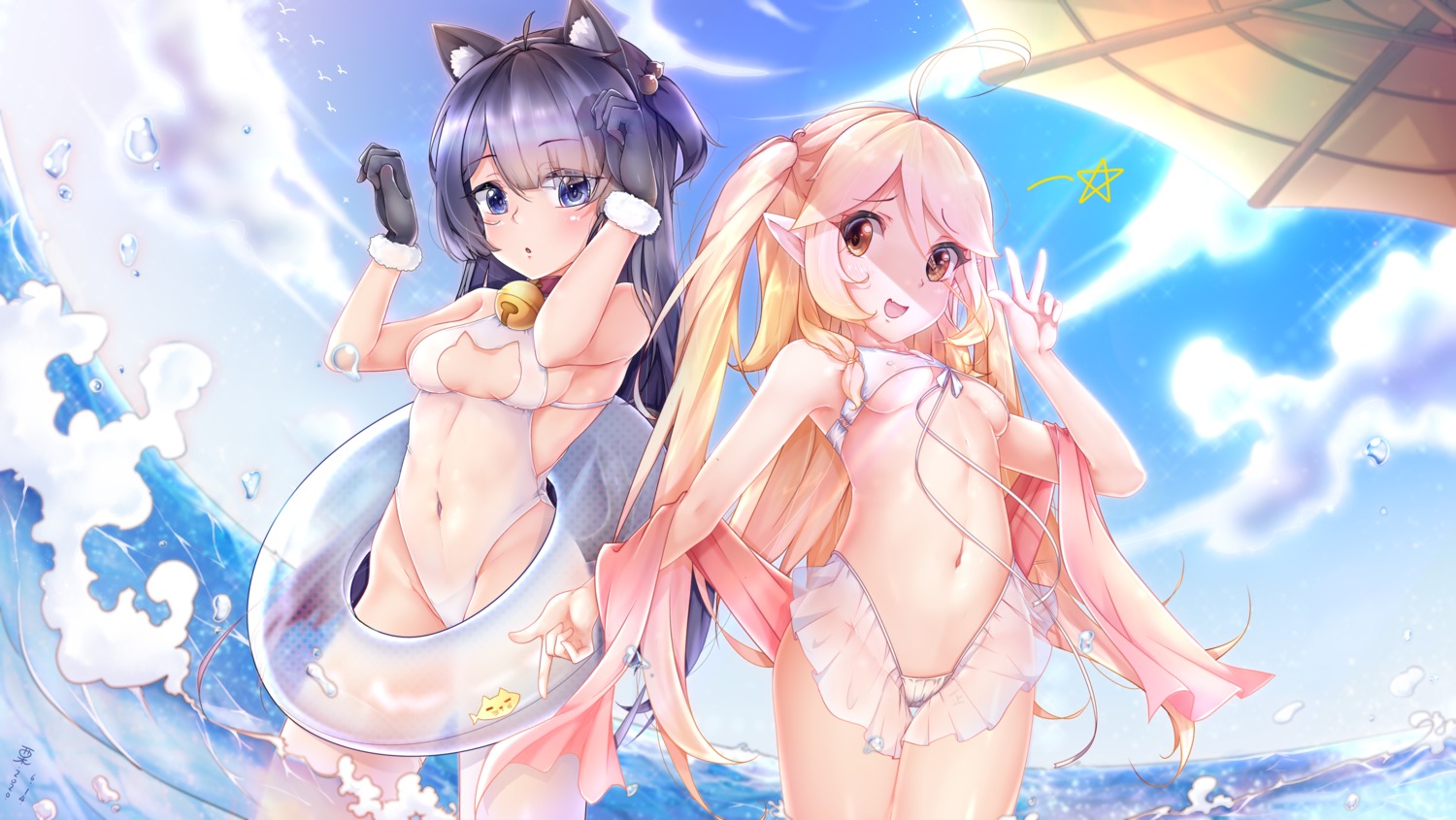 animal_ears bikini erect_nipples kuriko_(artist) pointy_ears see_through swimsuits tail wet